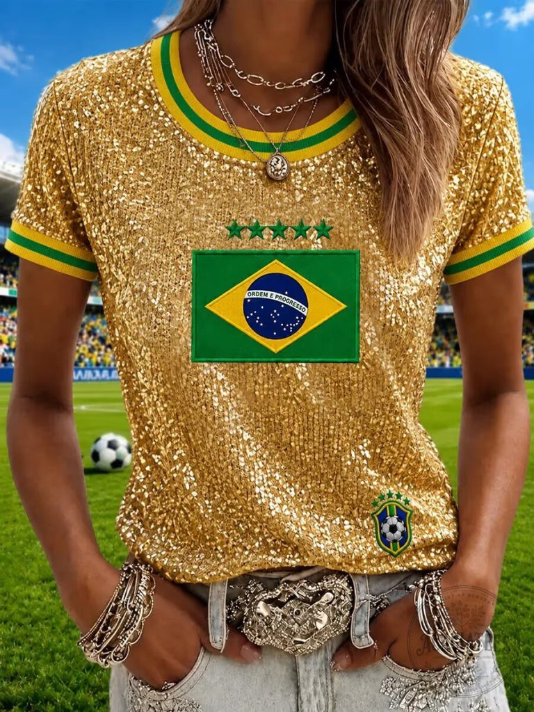 Brazil Football Team Leopard Print Glitter V-Neck Short Sleeve T-Shirt 25 Brazil National Flag Sequin Embellished Gold Football Fan T-Shirt