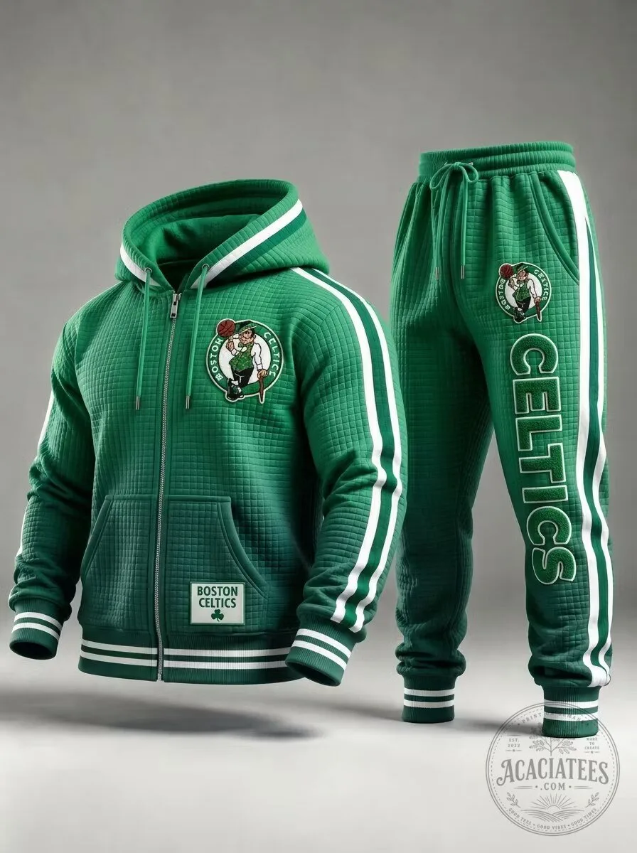 Boston Celtics Quilted Hoodie and Jogger Pants Tracksuit Set