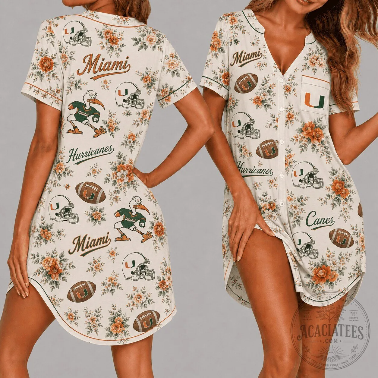Miami Hurricanes Football Floral Women's Pajamas Nightshirt