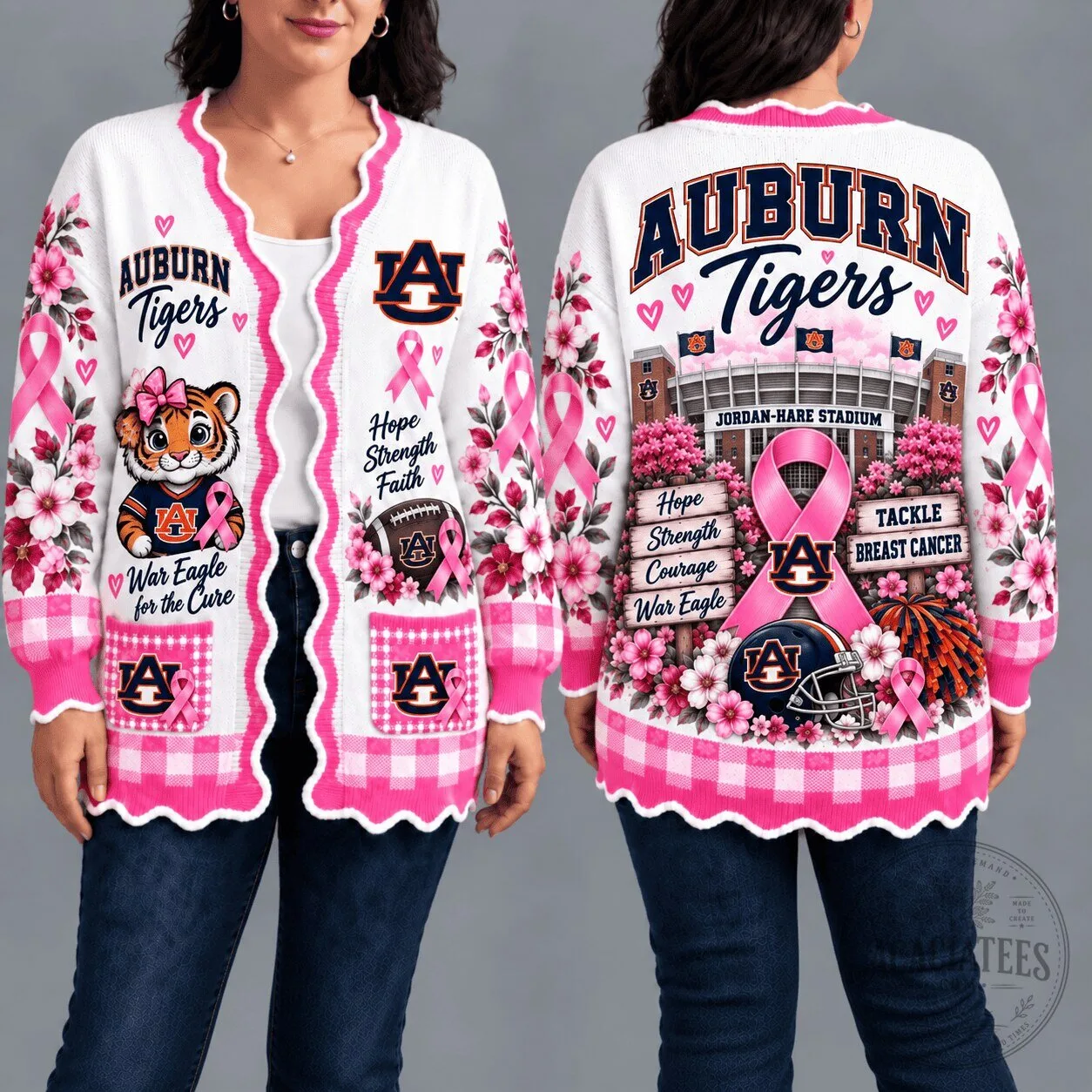 Auburn Tigers Breast Cancer Awareness Pink Gingham Cardigan Sweater