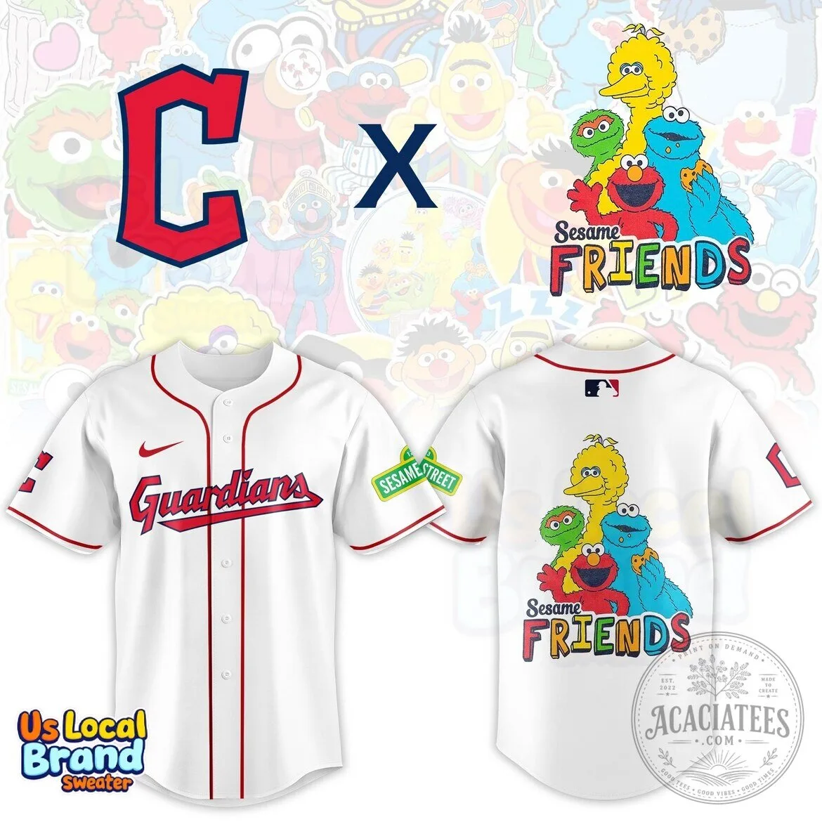 Cleveland Guardians Baseball Jersey Sesame Street Friends Elmo Cookie Monster Big Bird