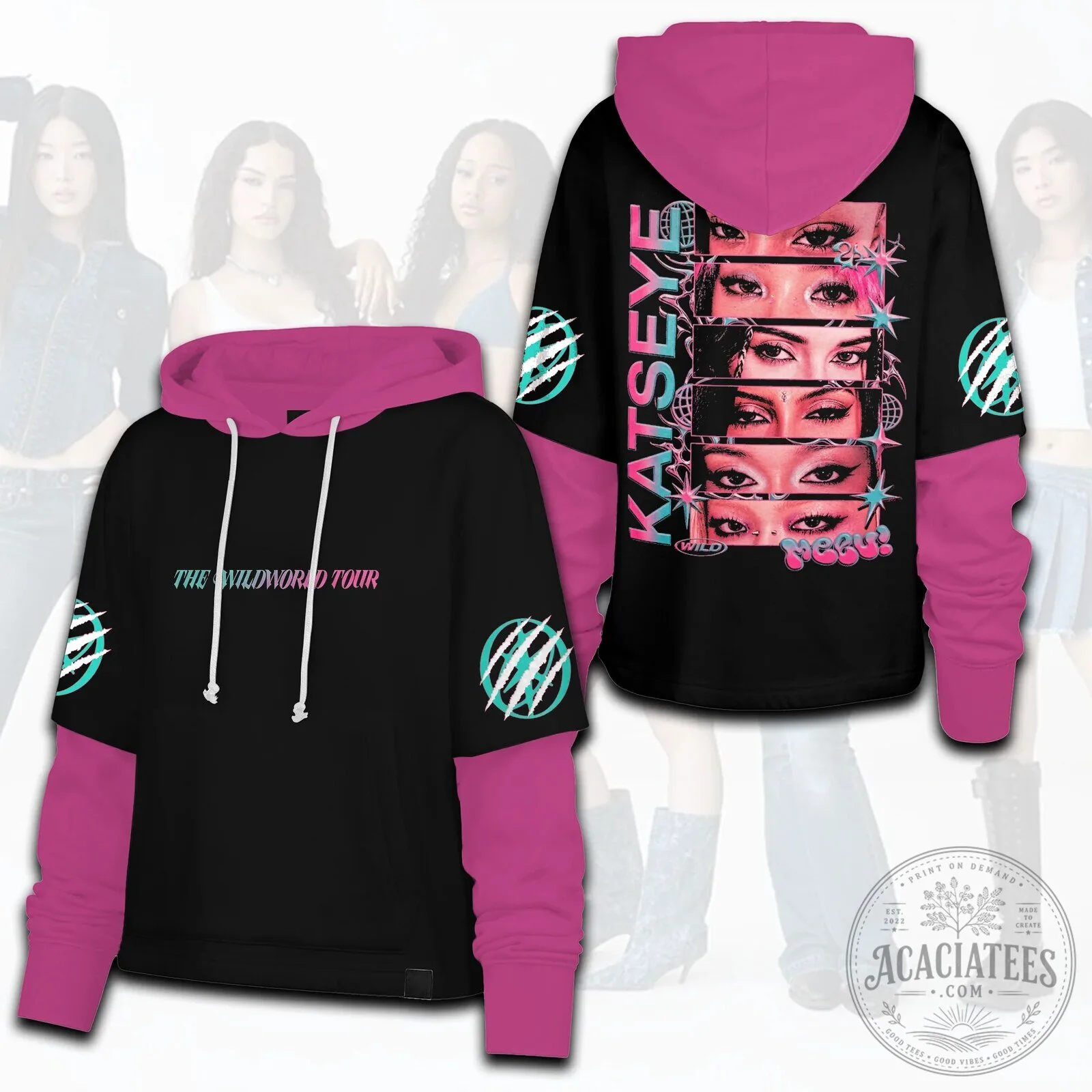 Katseye The Wildworld Tour Black and Pink Layered Hoodie for Fans 2 Katseye The Wildworld Tour Black and Pink Layered Hoodie for Fans