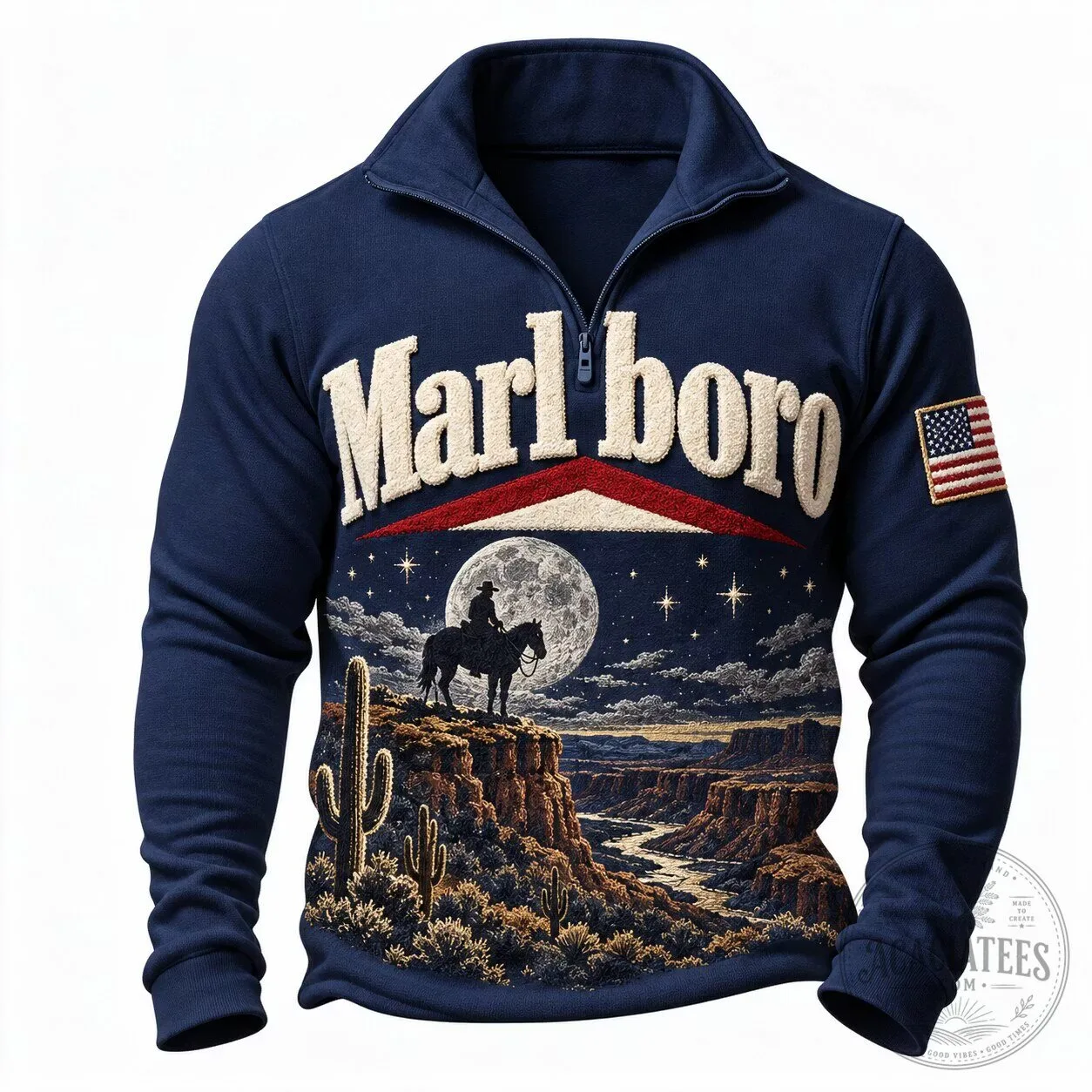 Marlboro Cowboy Western Landscape Half-Zip Collared Sweatshirt