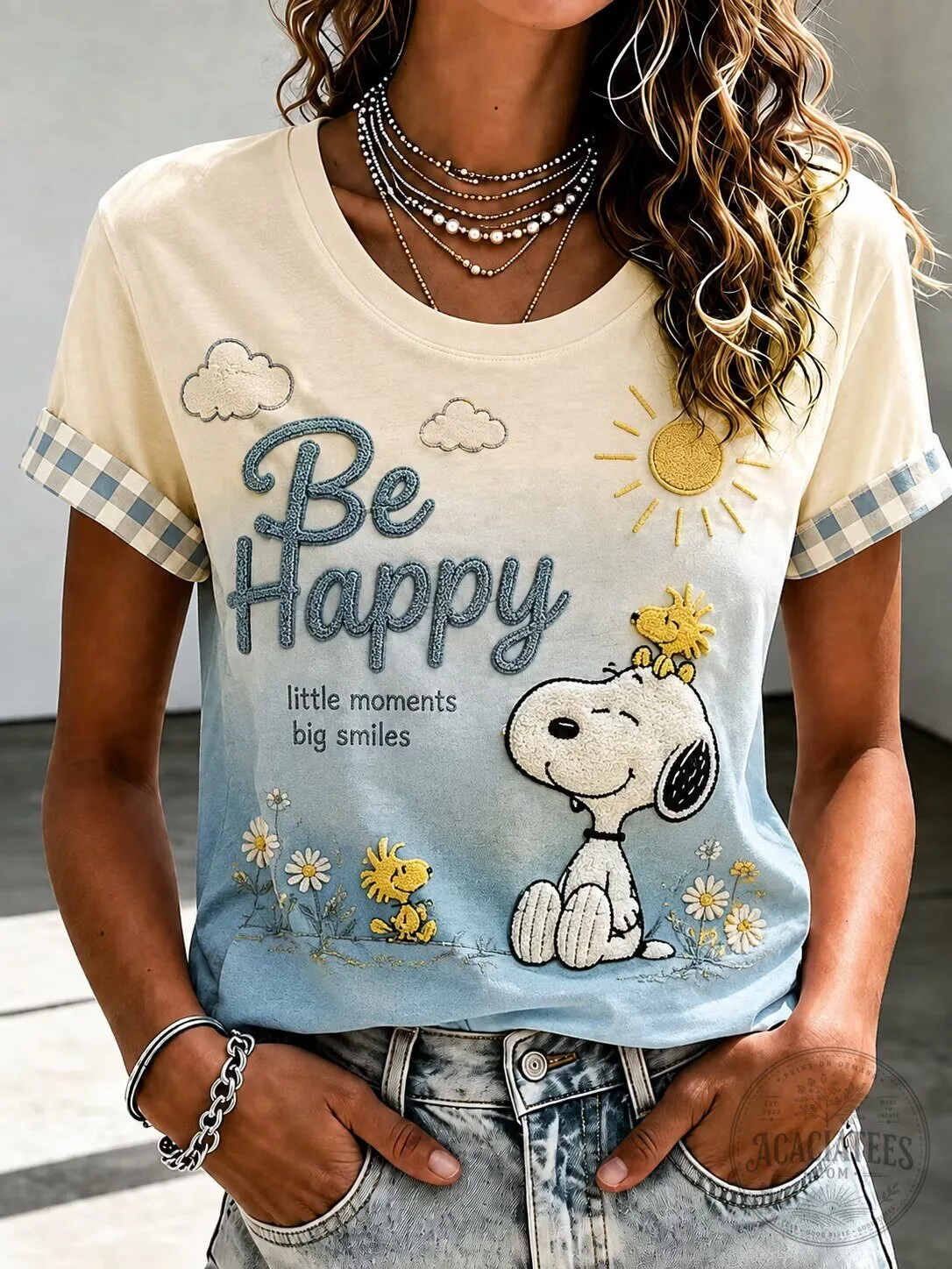 Snoopy Be Happy Little Moments Big Smiles Embroidered Women's T-Shirt
