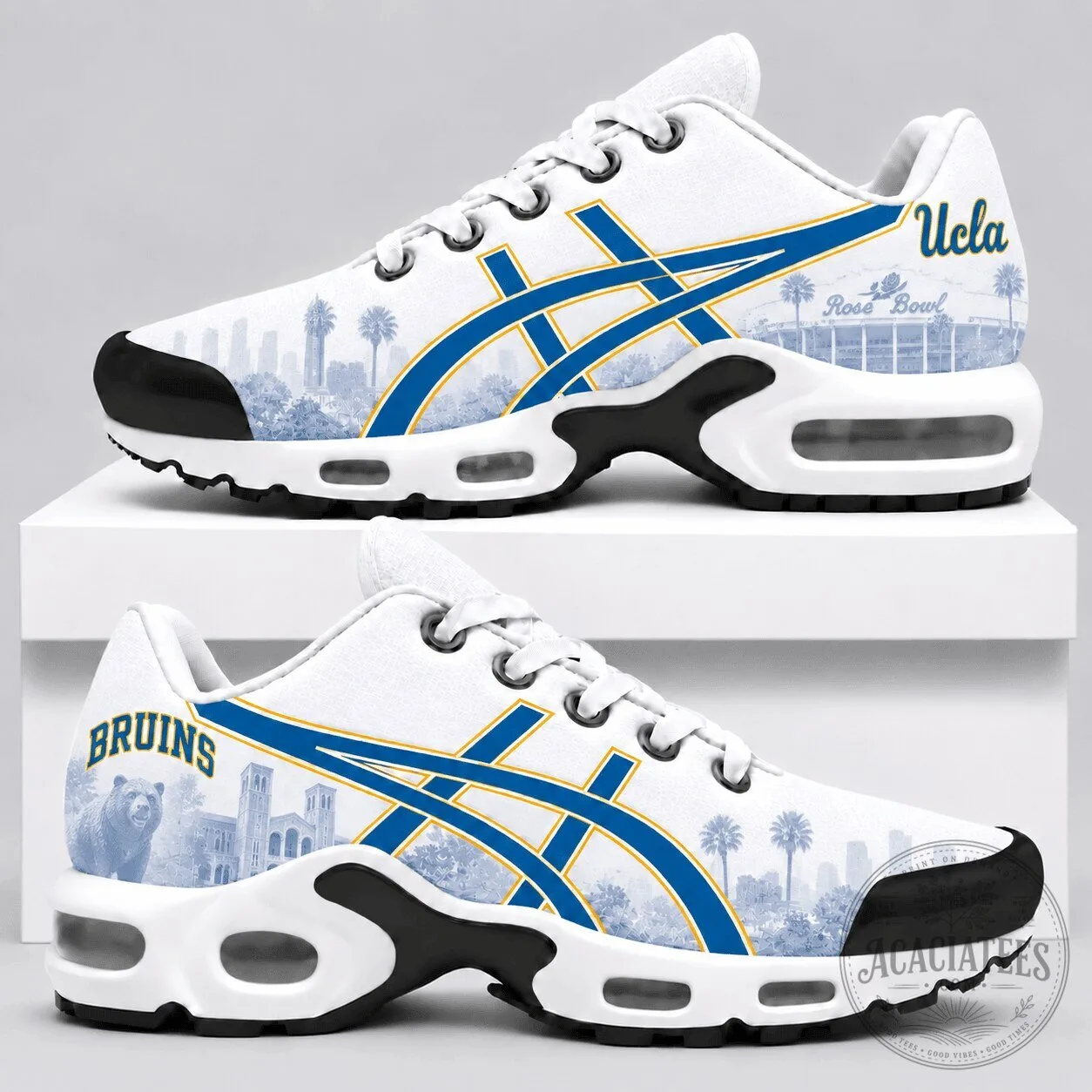 UCLA Bruins Rose Bowl Stadium Skyline Design White Running Shoes
