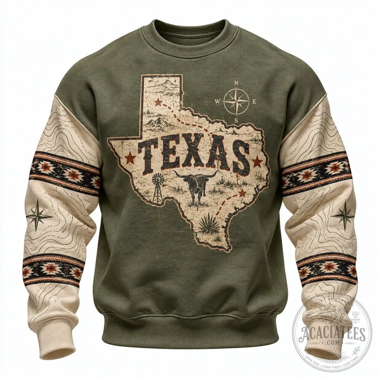 Texas Map Cowboy Style Graphic Crewneck Long-Sleeve Sweatshirt