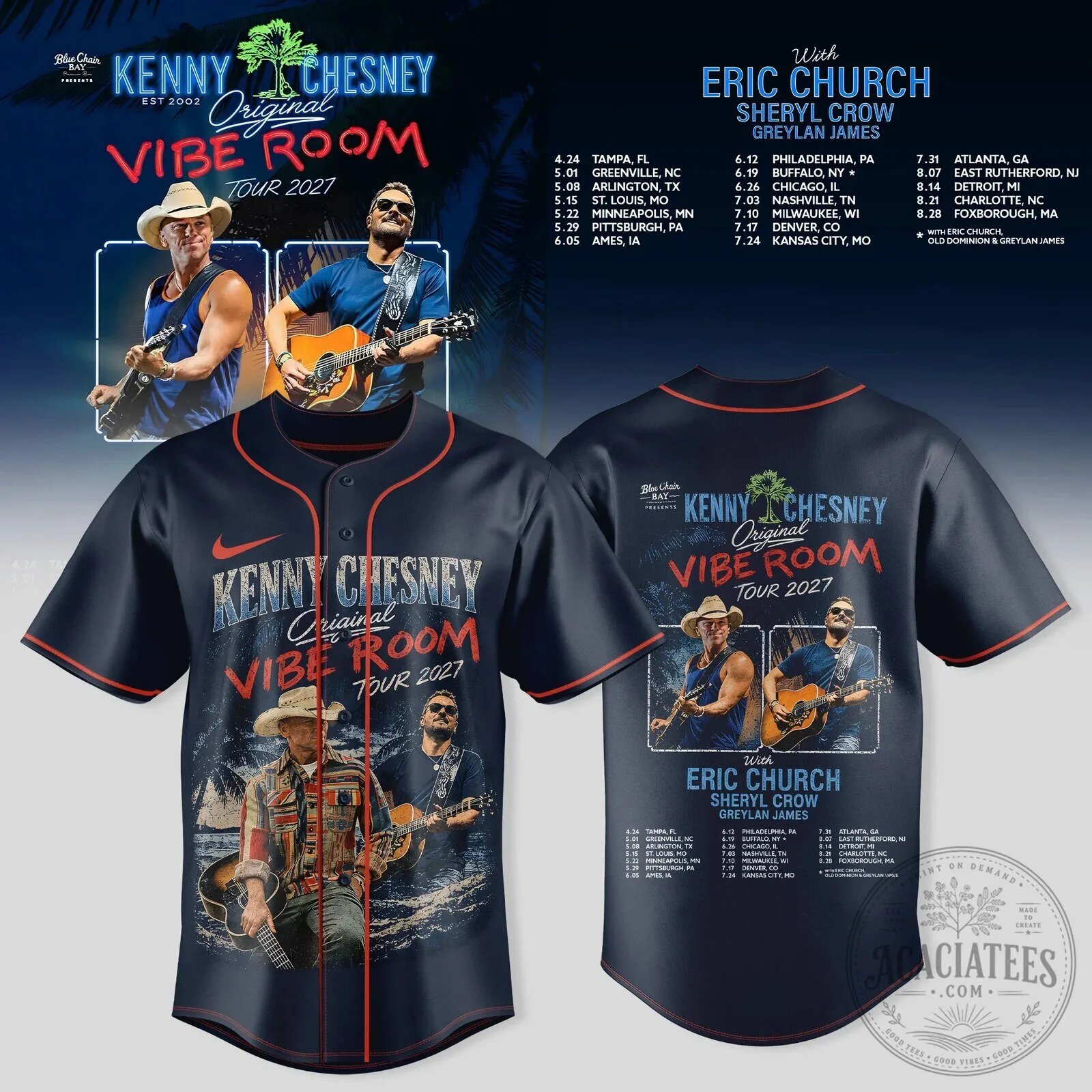 Kenny Chesney Vibe Room Tour 2027 Baseball Jersey with Eric Church Sheryl Crow