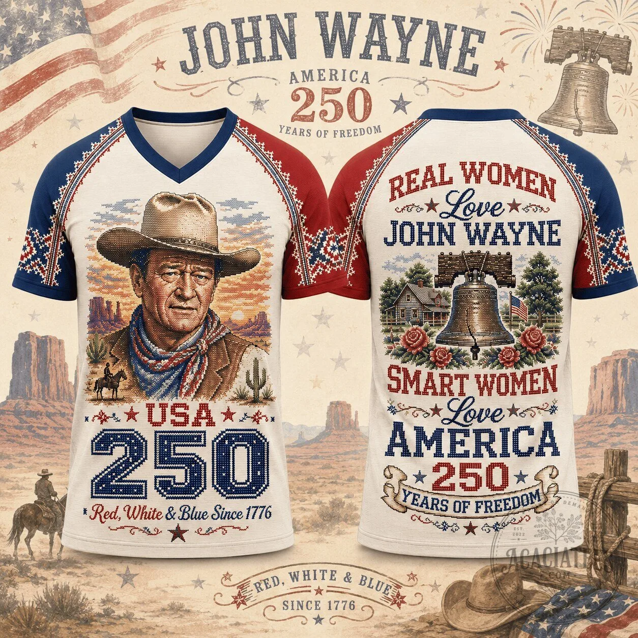 John Wayne Vintage Western Portrait Patriotic American Flag V-Neck T-Shirt