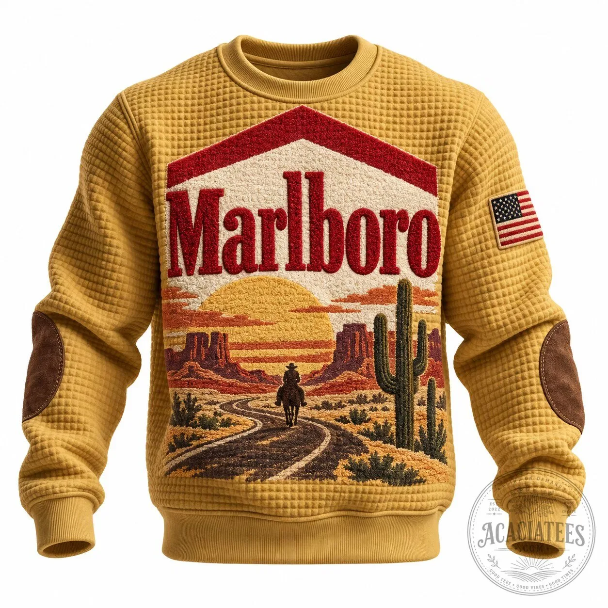 Marlboro Country Western Cowboy Desert Scene Waffle Knit Sweatshirt