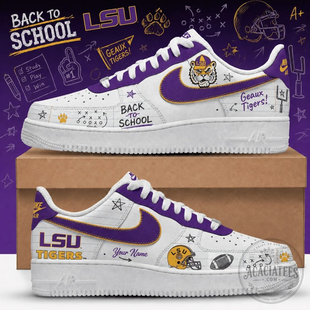 Back To School LSU Tigers Custom White and Purple Sneakers