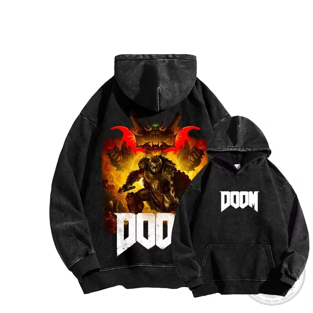 Doom Slayer Video Game Character Washed Black Graphic Hoodie