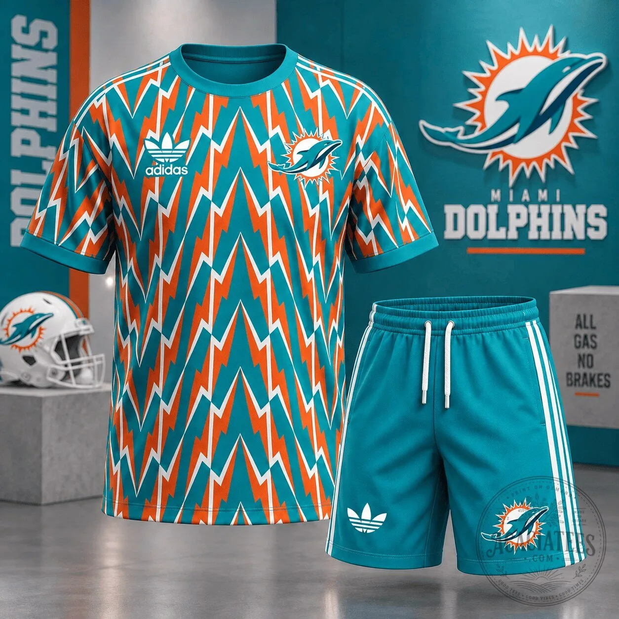 Miami Dolphins Adidas All Over Print Lightning Bolt Pattern T-Shirt