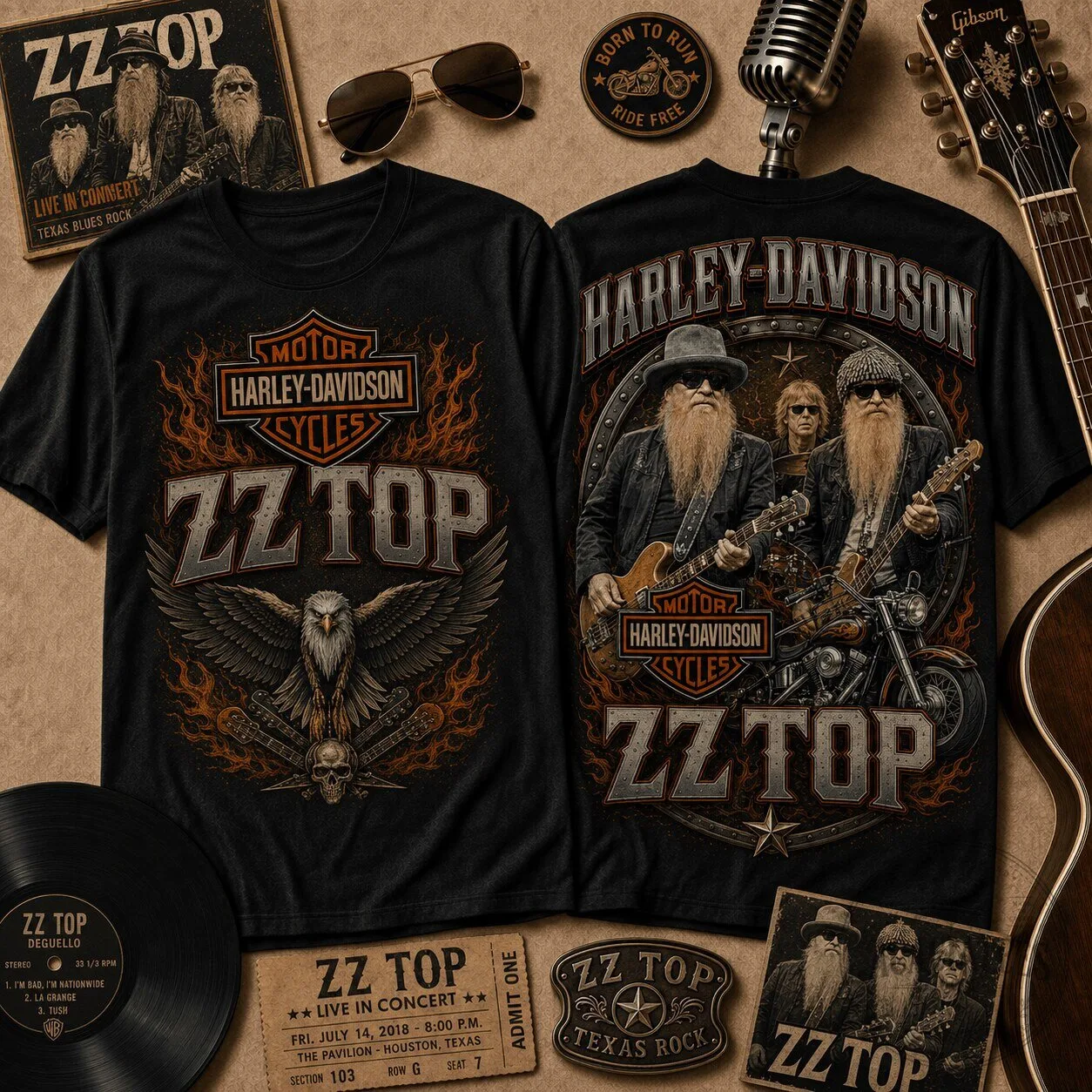 Harley Davidson ZZ Top Band Concert Graphic T-Shirt for Men