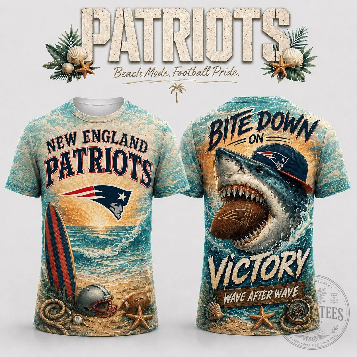 Tropical Ocean Shark T-Shirt for New England Patriots Fans - Football Team Apparel