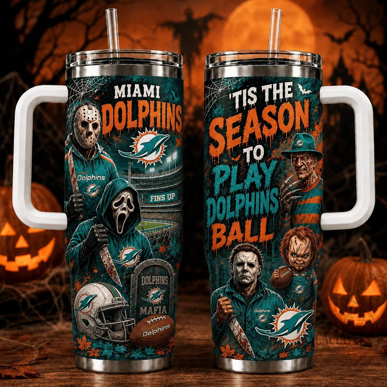 Miami Dolphins Halloween Horror Characters Football Fan Tumbler