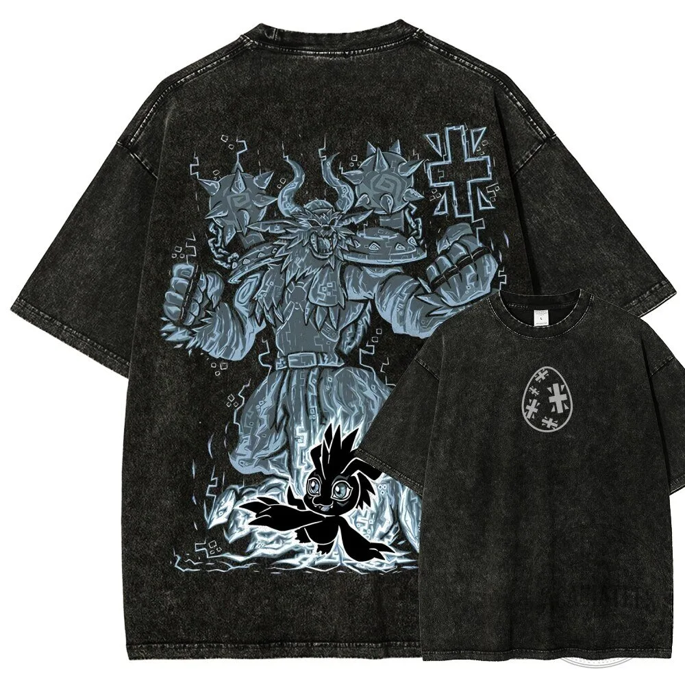 Digimon WereGarurumon and Punimon Washed Black Oversized T-Shirt
