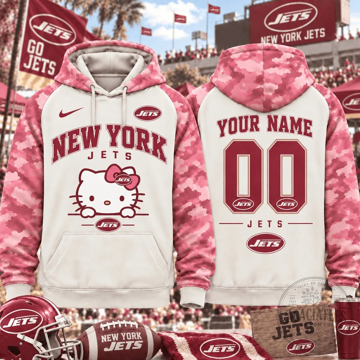 New York Jets Hello Kitty Pink Camouflage Custom Hoodie