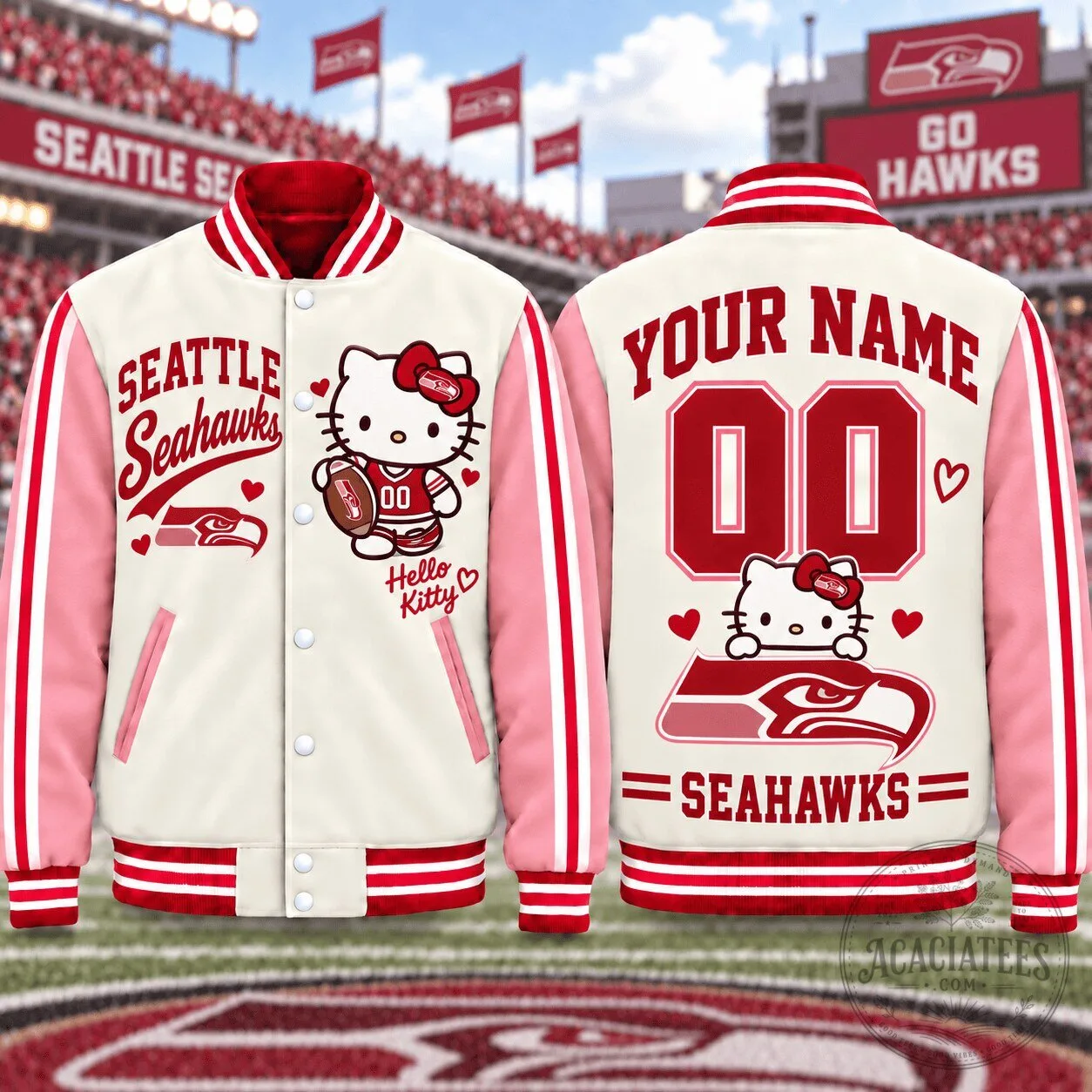 Seattle Seahawks Hello Kitty Personalized Varsity Jacket