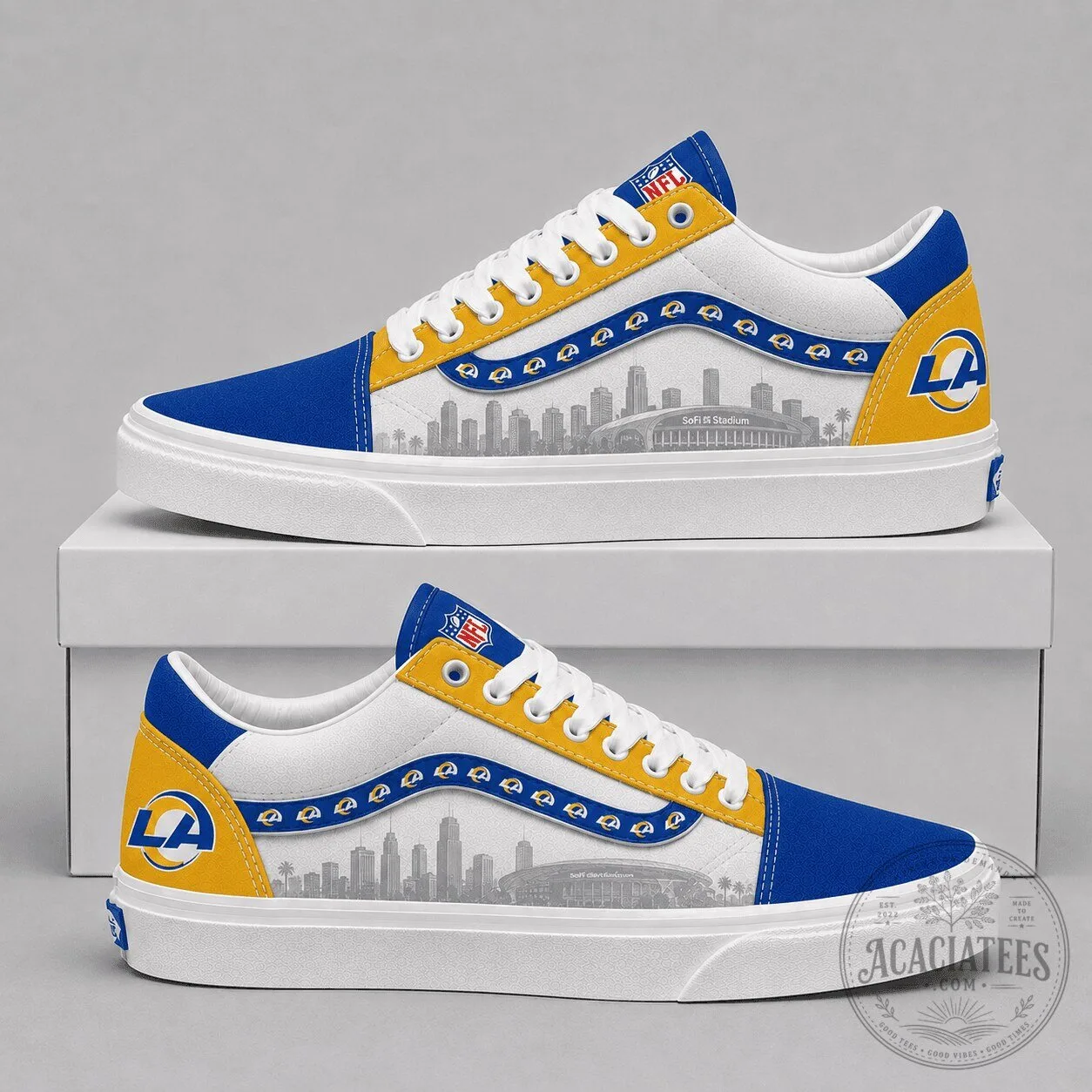 Los Angeles Rams NFL SoFi Stadium Skyline White Blue Yellow Shoes
