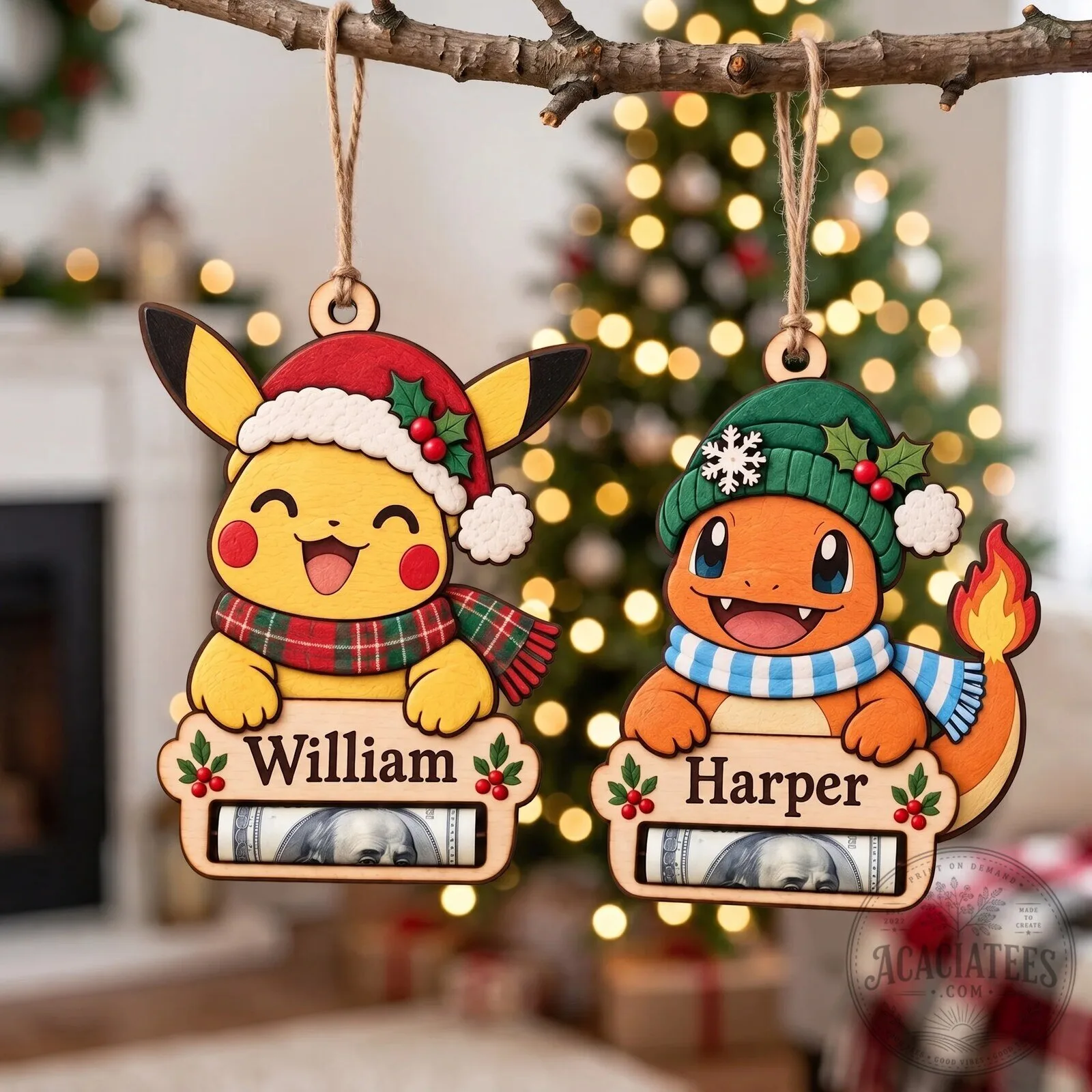 Personalized Pokemon Christmas Money Holder Ornament - Custom Name Wooden Holiday Gift