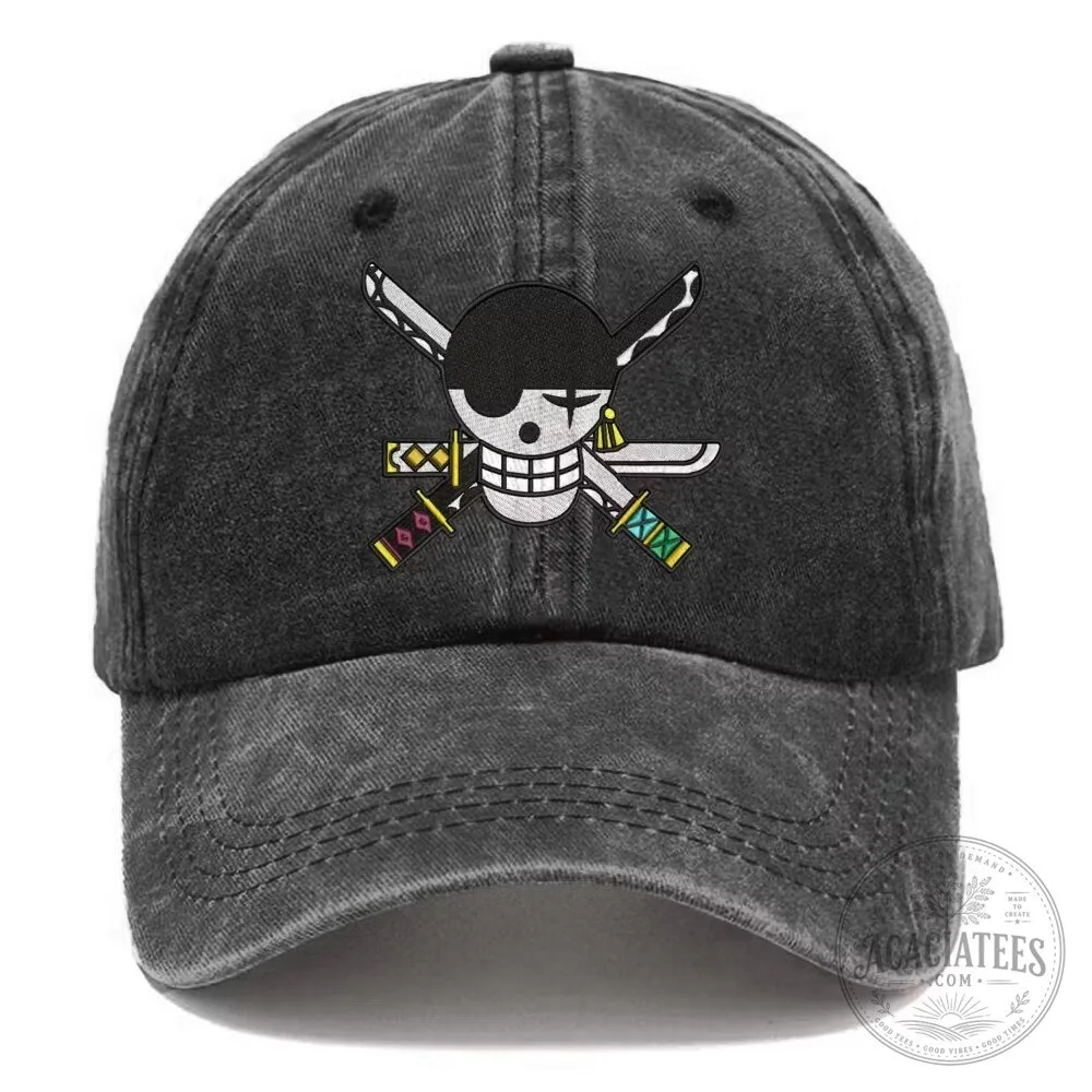 One Piece Roronoa Zoro Jolly Roger Embroidered Washed Cotton Baseball Cap Hat