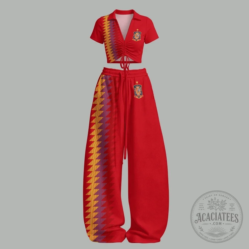 Spain National Football Team Women's Drawstring Top and Wide Leg Pants Set