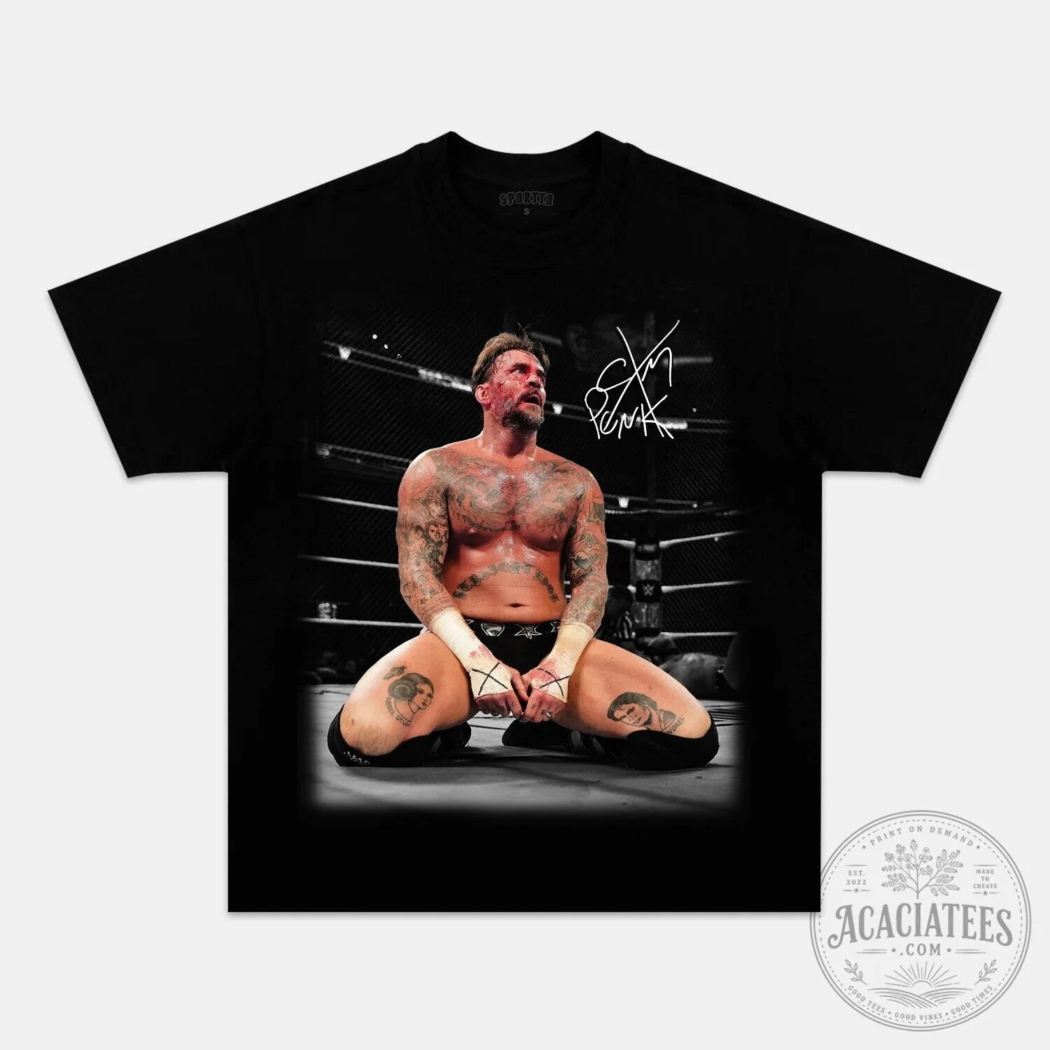 CM Punk Bloody Kneeling in Ring with Signature Graphic T-Shirt