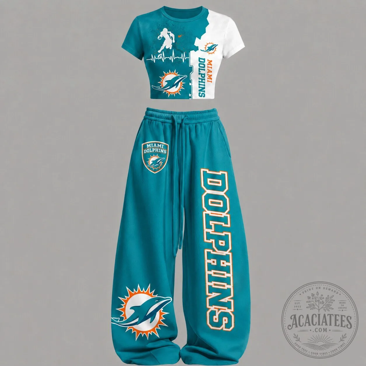 Miami Dolphins Football Team Logo Crop Top and Wide Leg Pants Set