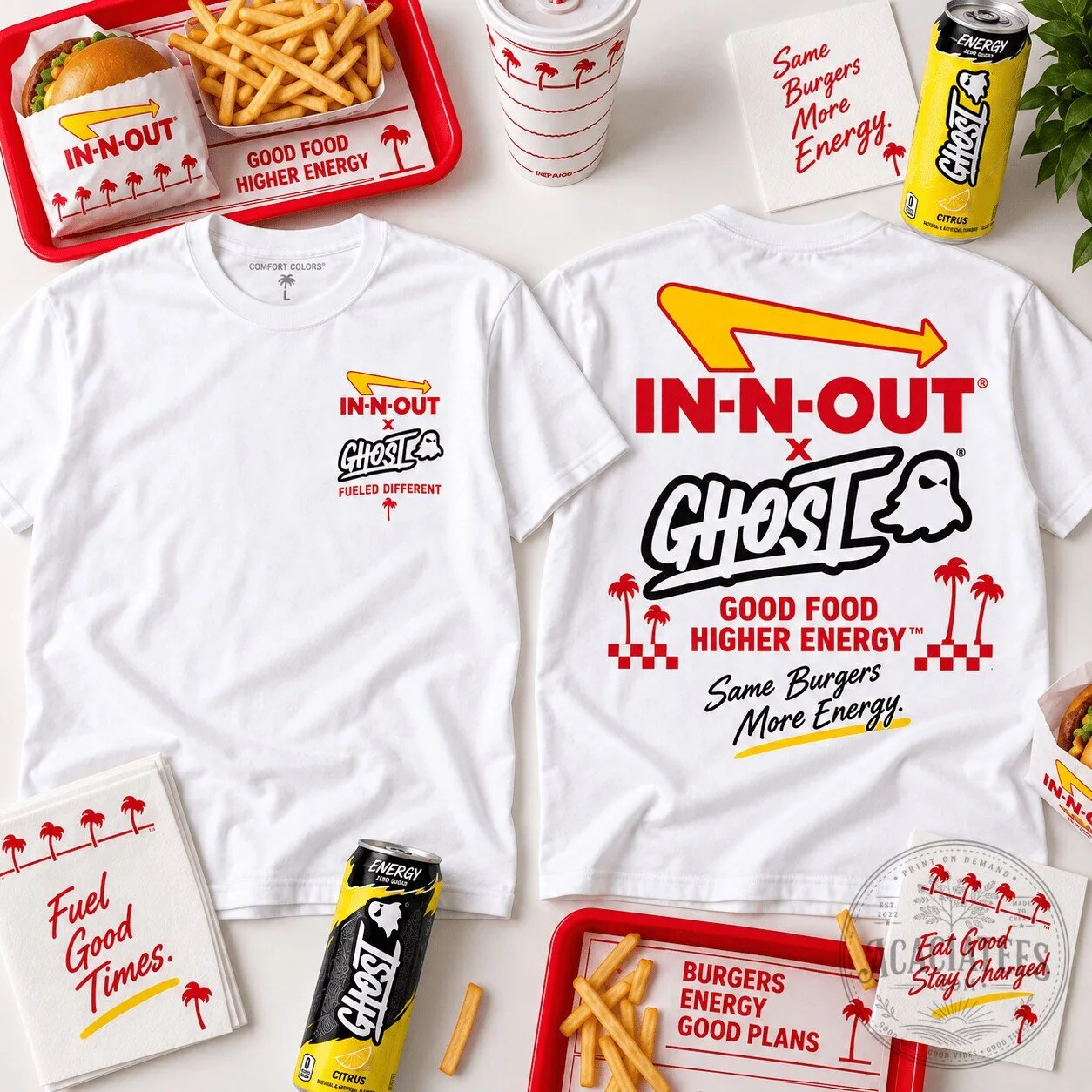 In-N-Out Burger and Ghost Energy Drink Collaboration Graphic T-Shirt