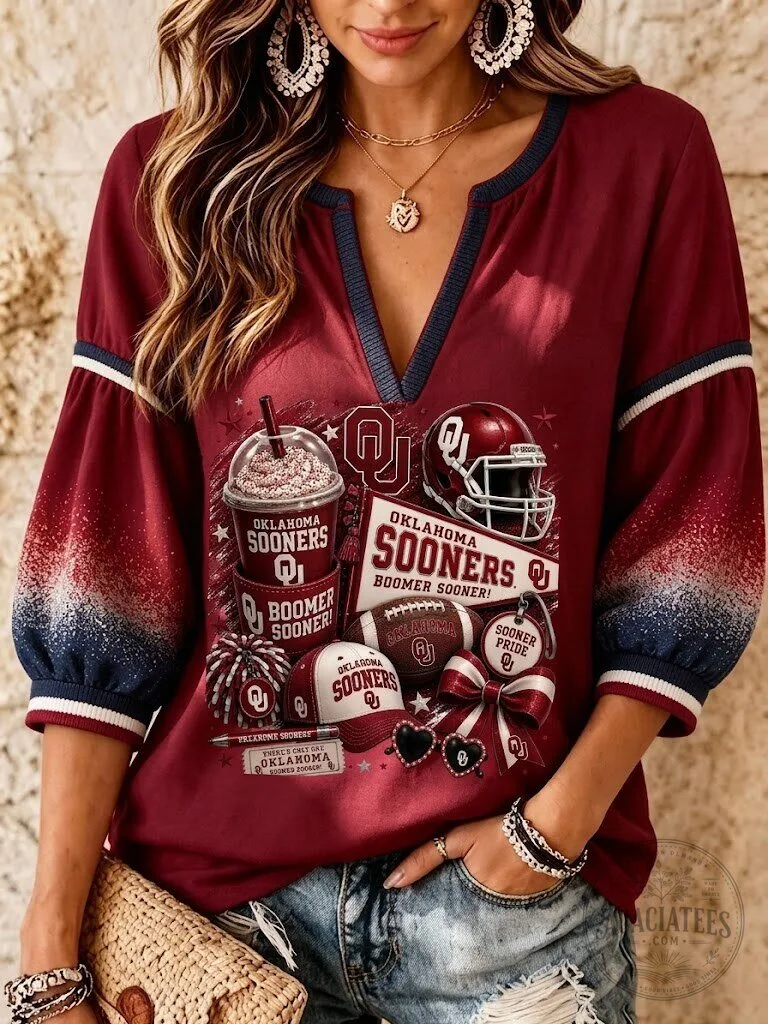 Oklahoma Sooners Boomer Sooner Football Fan V-Neck Long Sleeve Shirt