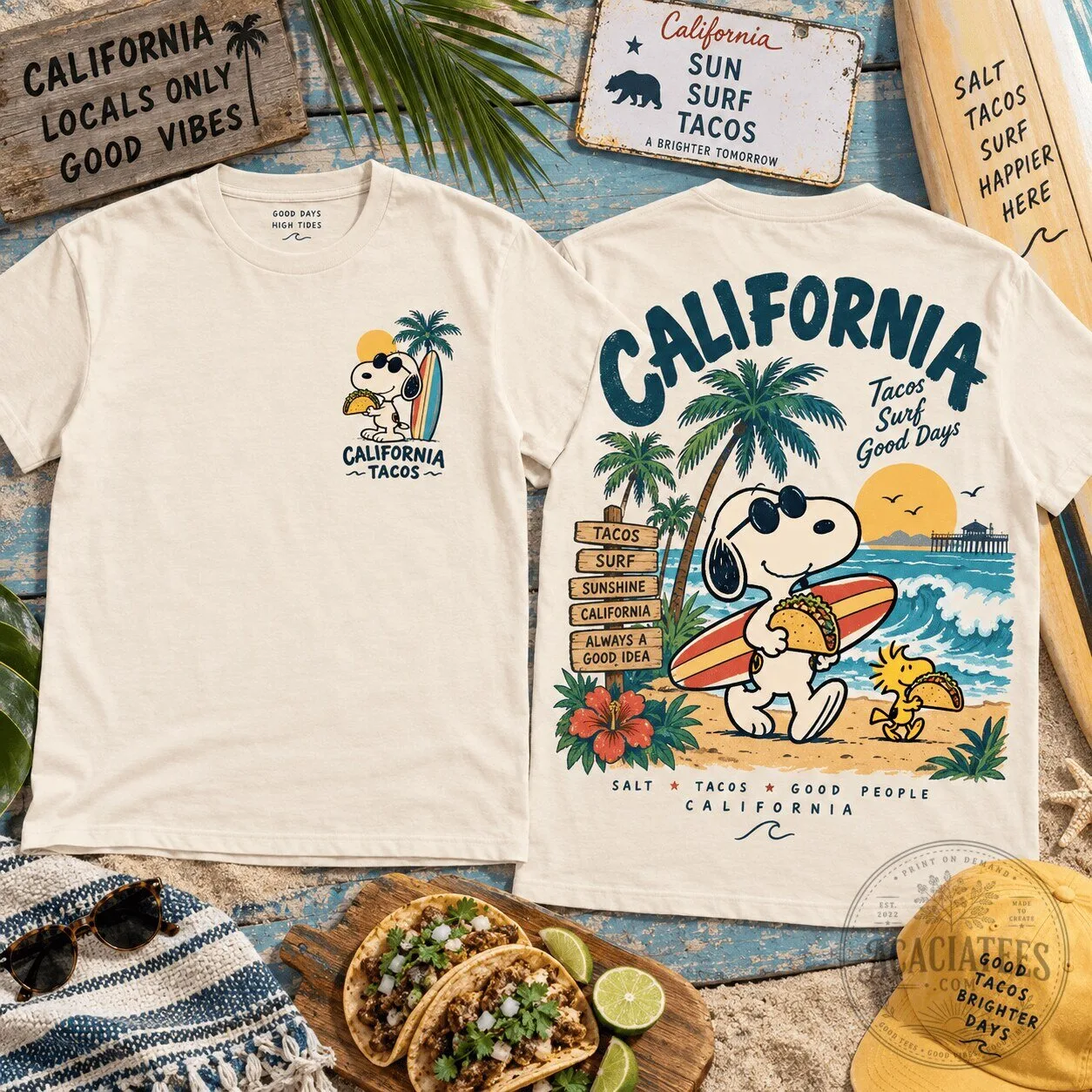 Snoopy California Tacos Surf Beach Retro Graphic T-Shirt
