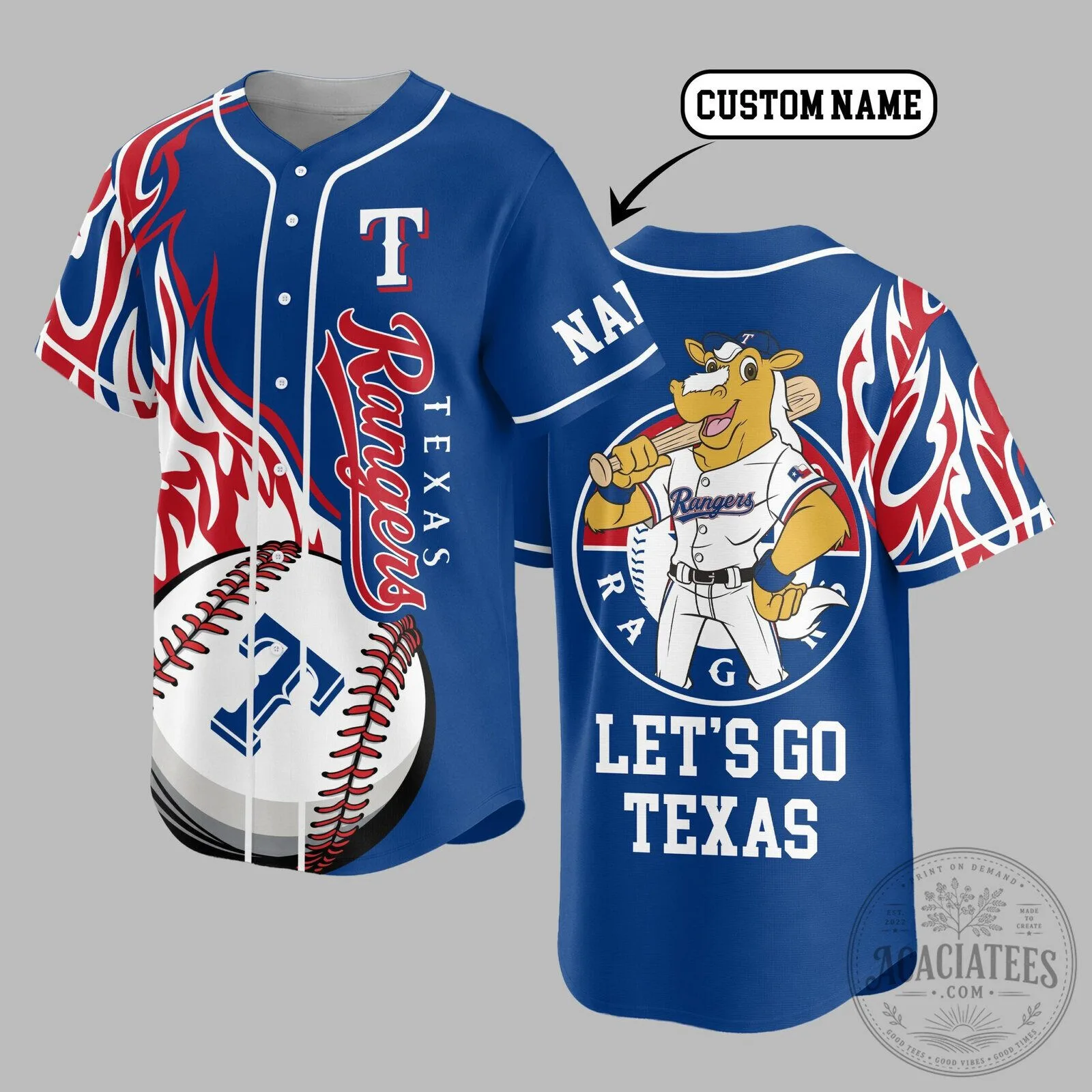 Texas Rangers Baseball Flame Spirit Custom Name Jersey