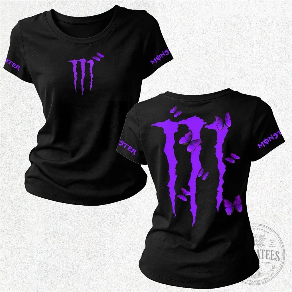 Monster Energy Purple Logo Butterflies Black Women's T-Shirt