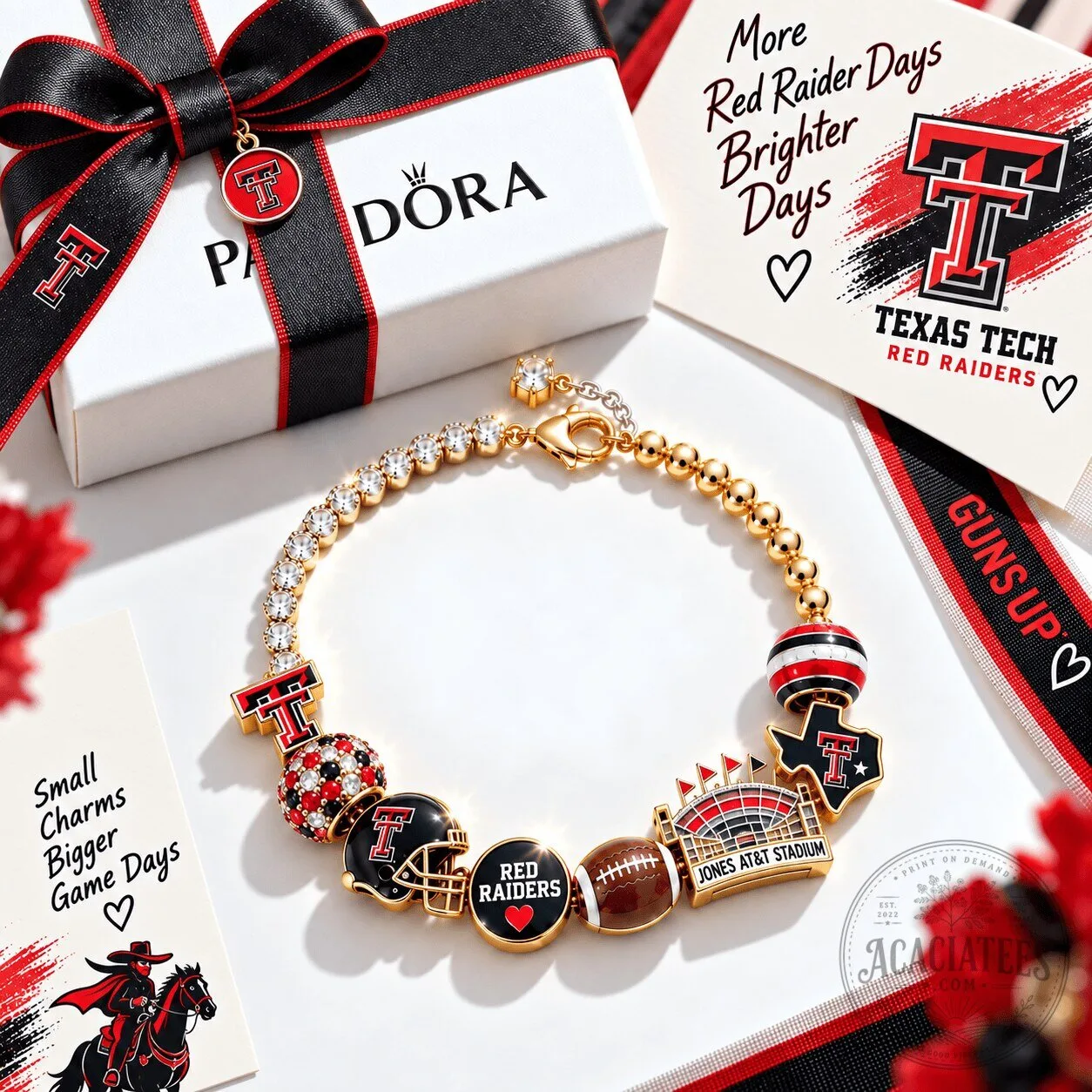 Texas Tech Red Raiders Gold Charm Bracelet with Stadium and Football Charms