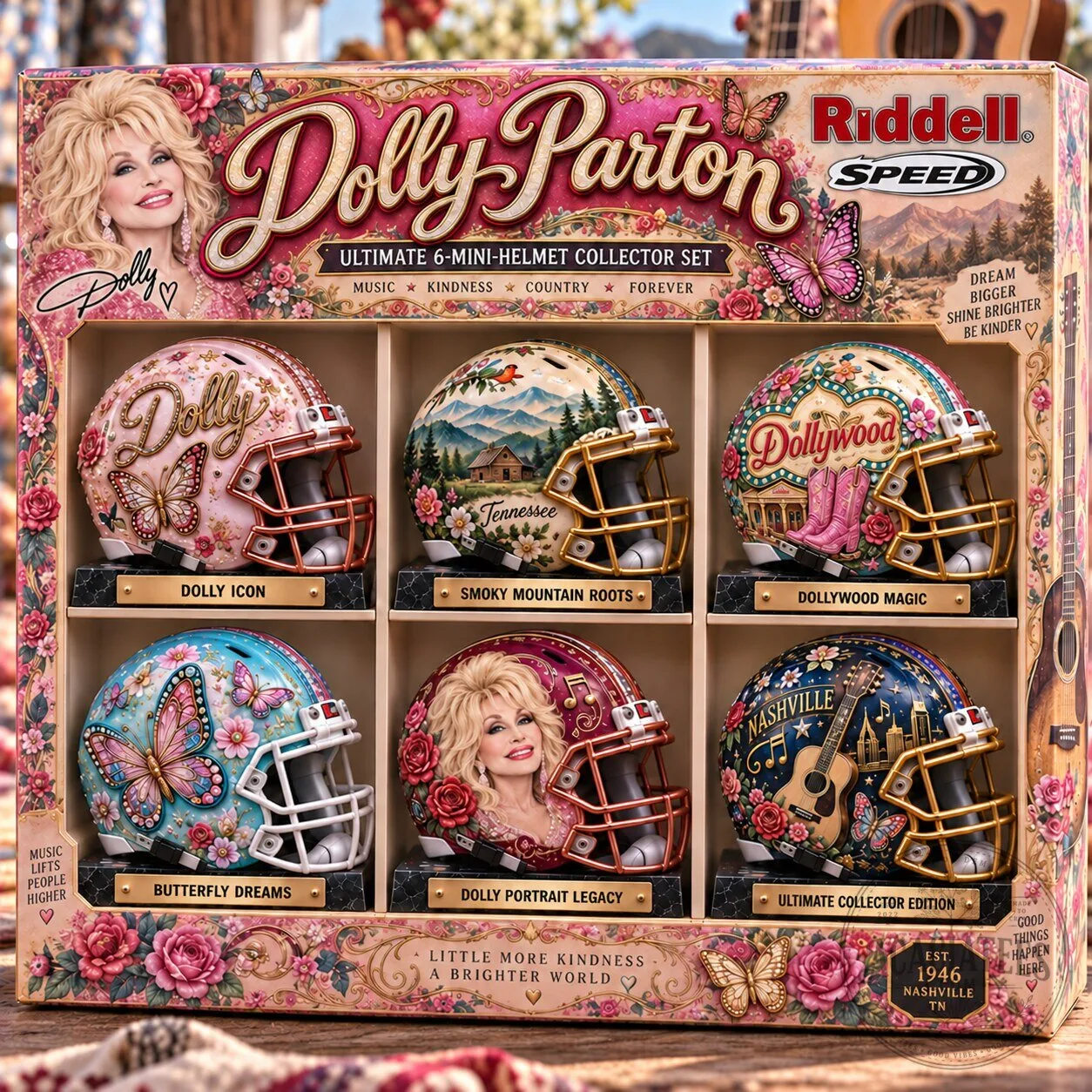 Dolly Parton Ultimate 6-Mini Helmet Collector Set with Display Case