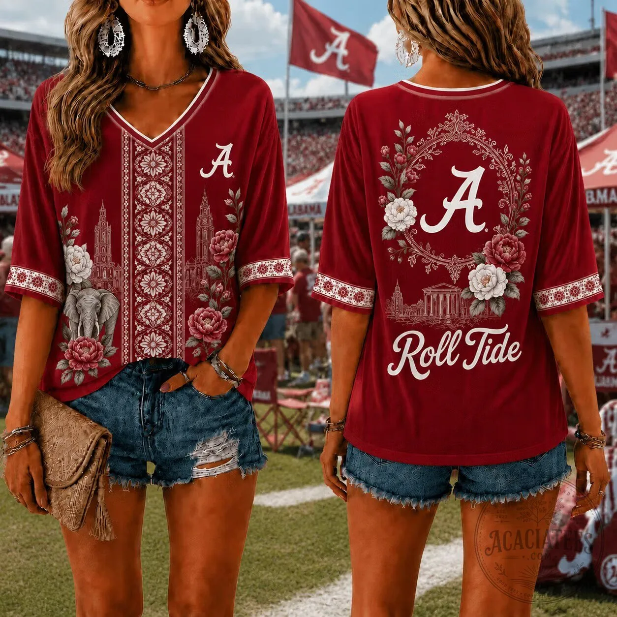 University of Alabama Crimson Tide Elephant Floral Women's V-Neck T-Shirt