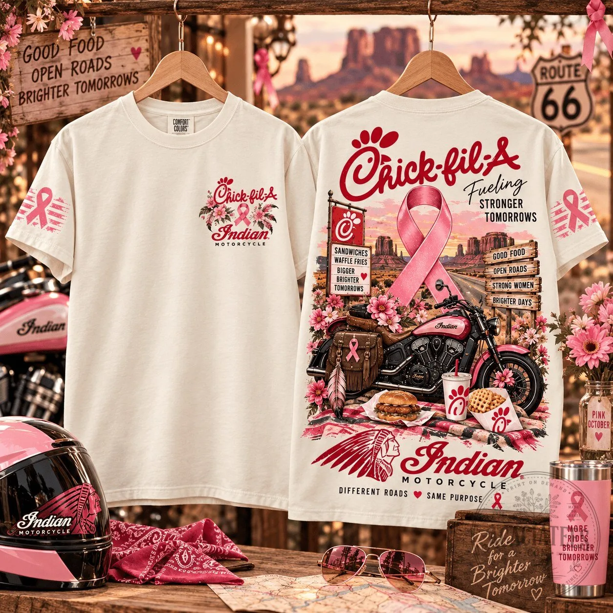 Chick-fil-A Indian Motorcycle Breast Cancer Awareness Pink Ribbon T-Shirt