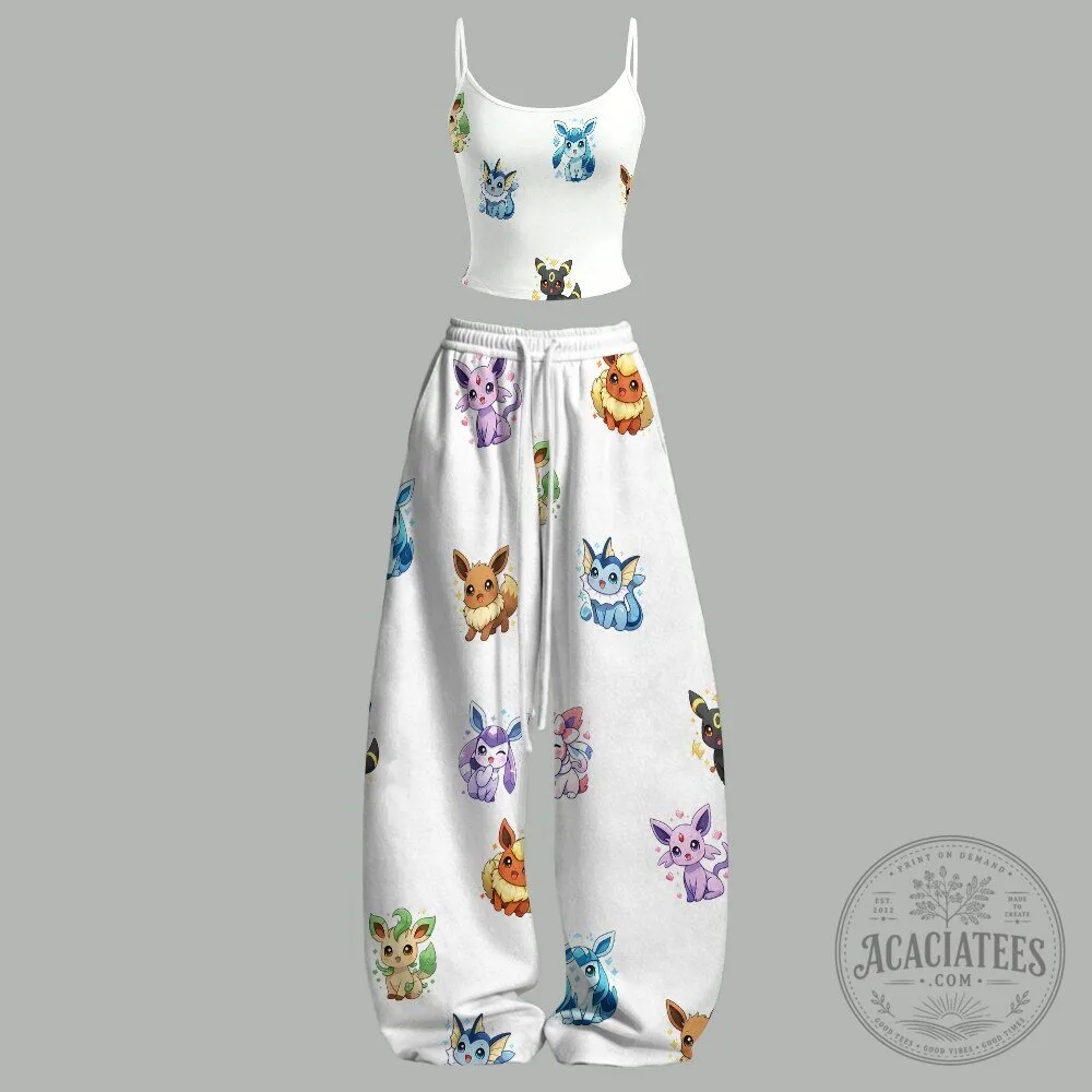 Pokemon Eevee Evolution Characters White Crop Top and Pants Set