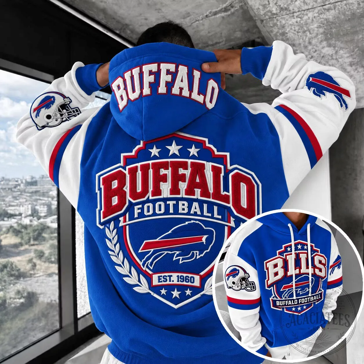 Buffalo Bills Football Team Blue and White Hoodie with Helmet Logo