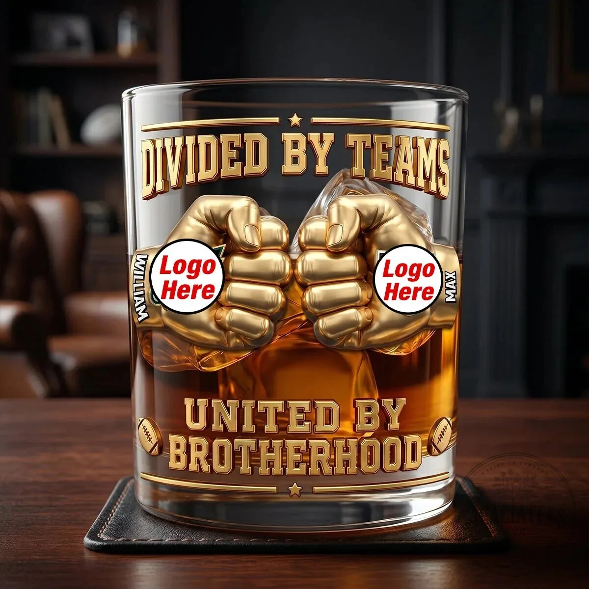 Divided By Teams United By Brotherhood Personalized Whiskey Glass