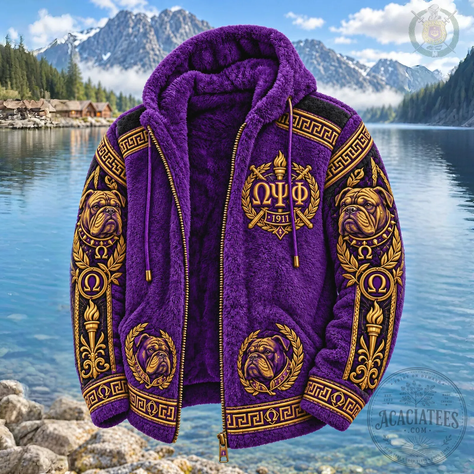 Omega Psi Phi Fraternity Purple Gold Bulldog Greek Letter Fleece Hoodie