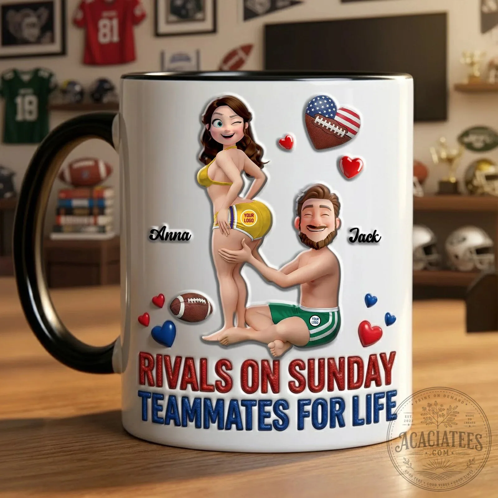 Personalized Football Couple Rivals On Sunday Teammates For Life Mug