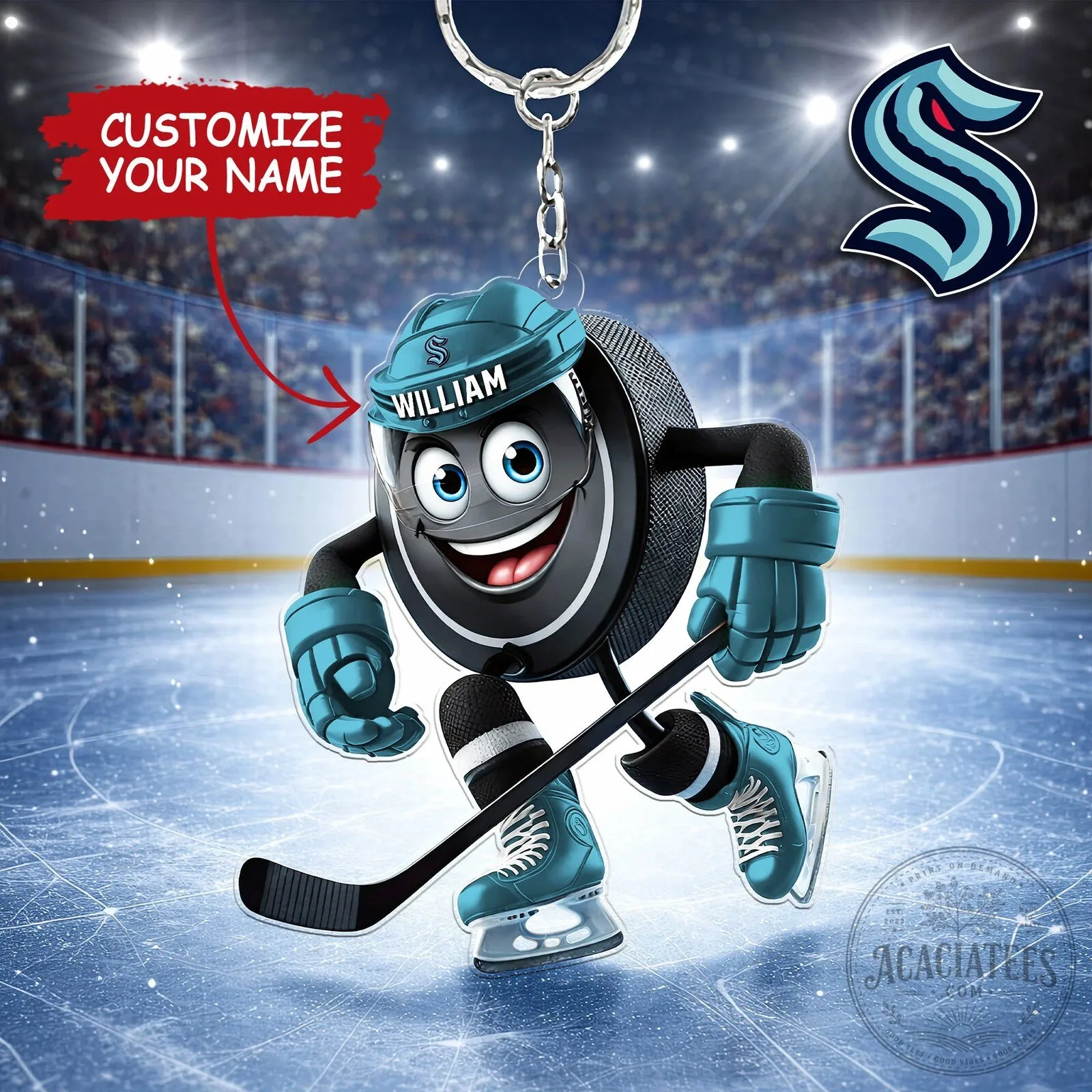 Personalized Seattle Kraken Hockey Puck Character Keychain