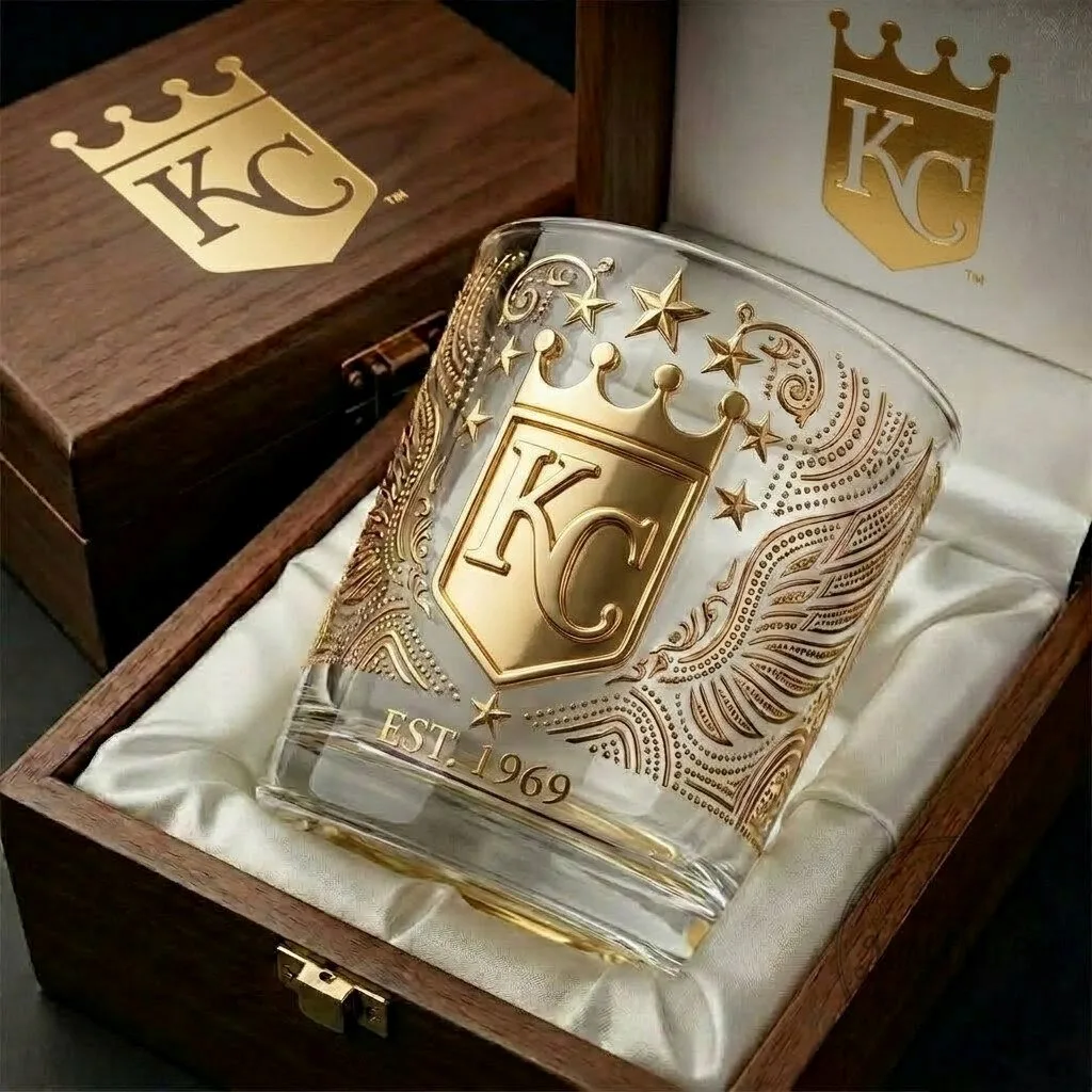Kansas City Royals Gold Crown Emblem Whiskey Glass Tumbler