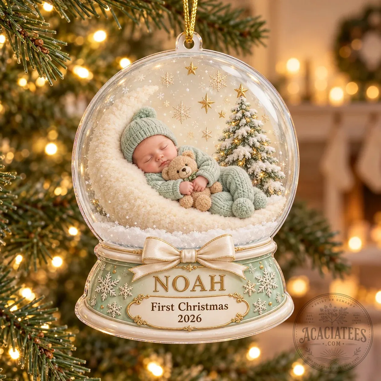 Personalized Baby's First Christmas Snow Globe Acrylic Ornament with Custom Name