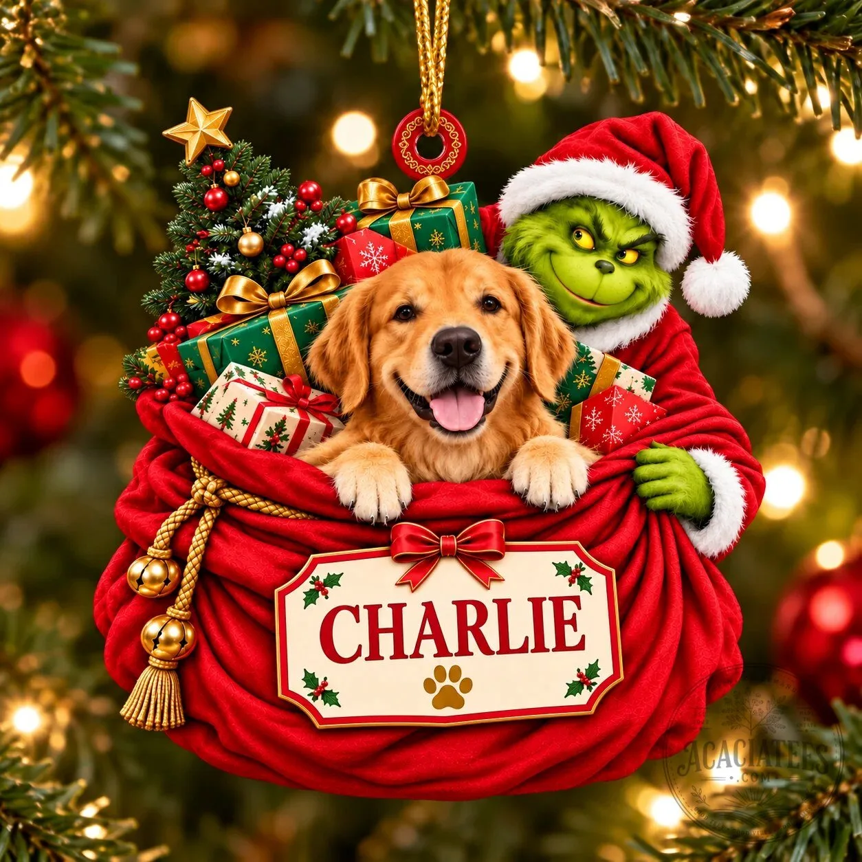 Grinch and Golden Retriever Dog Christmas Sack Personalized Ornament