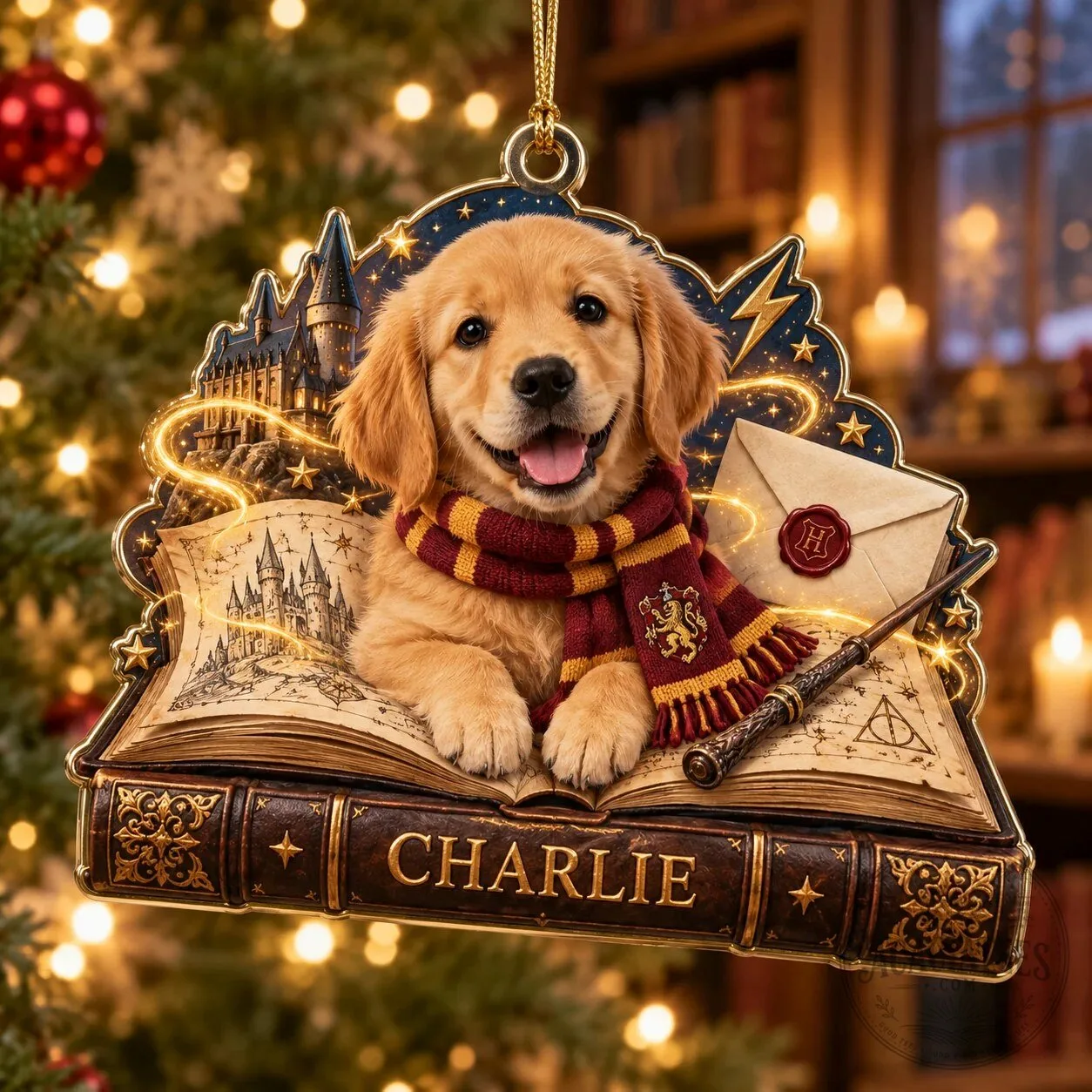 Personalized Harry Potter Golden Retriever Puppy Dog Photo Christmas Tree Ornament