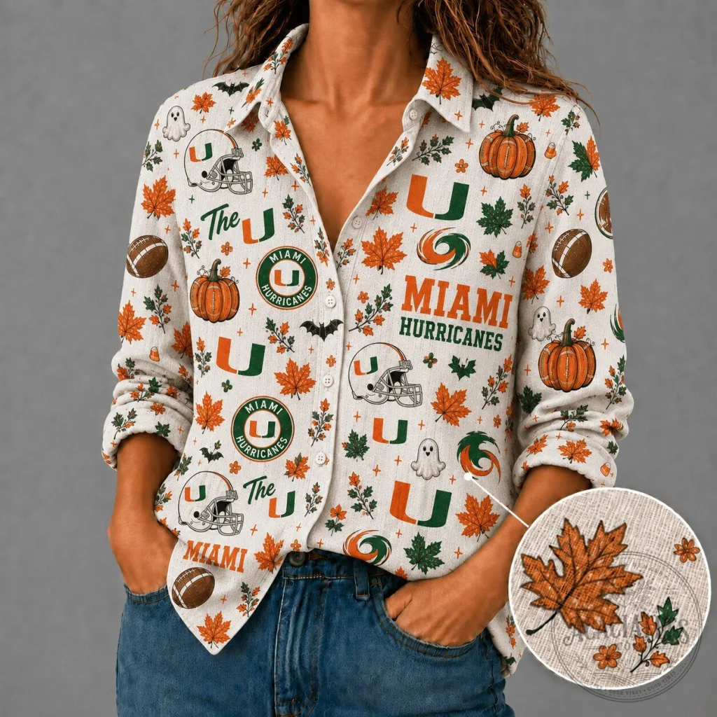 Miami Hurricanes Football Halloween Button-Up Shirt for Women