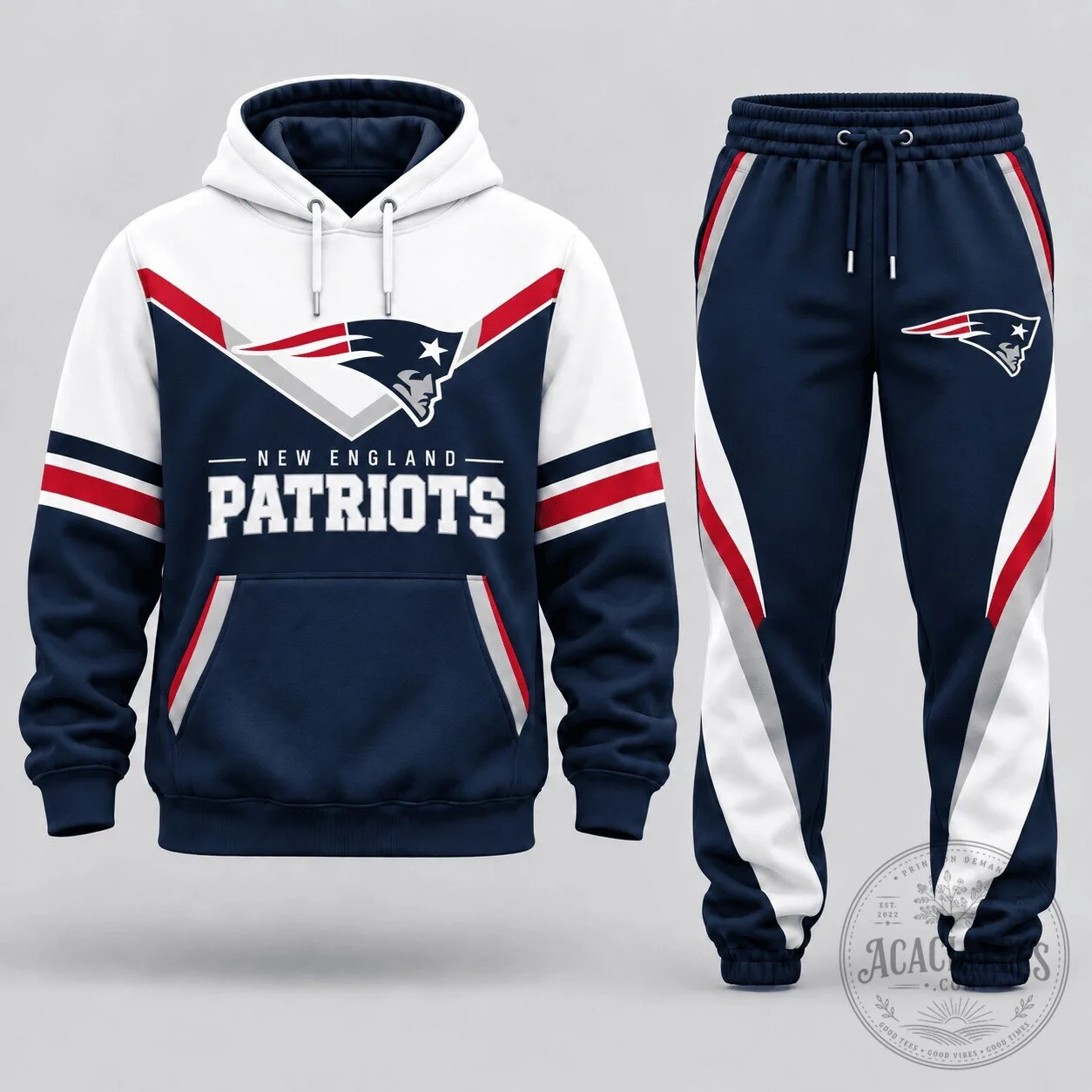 New England Patriots Football Team Navy Blue and White Hoodie and Jogger Set