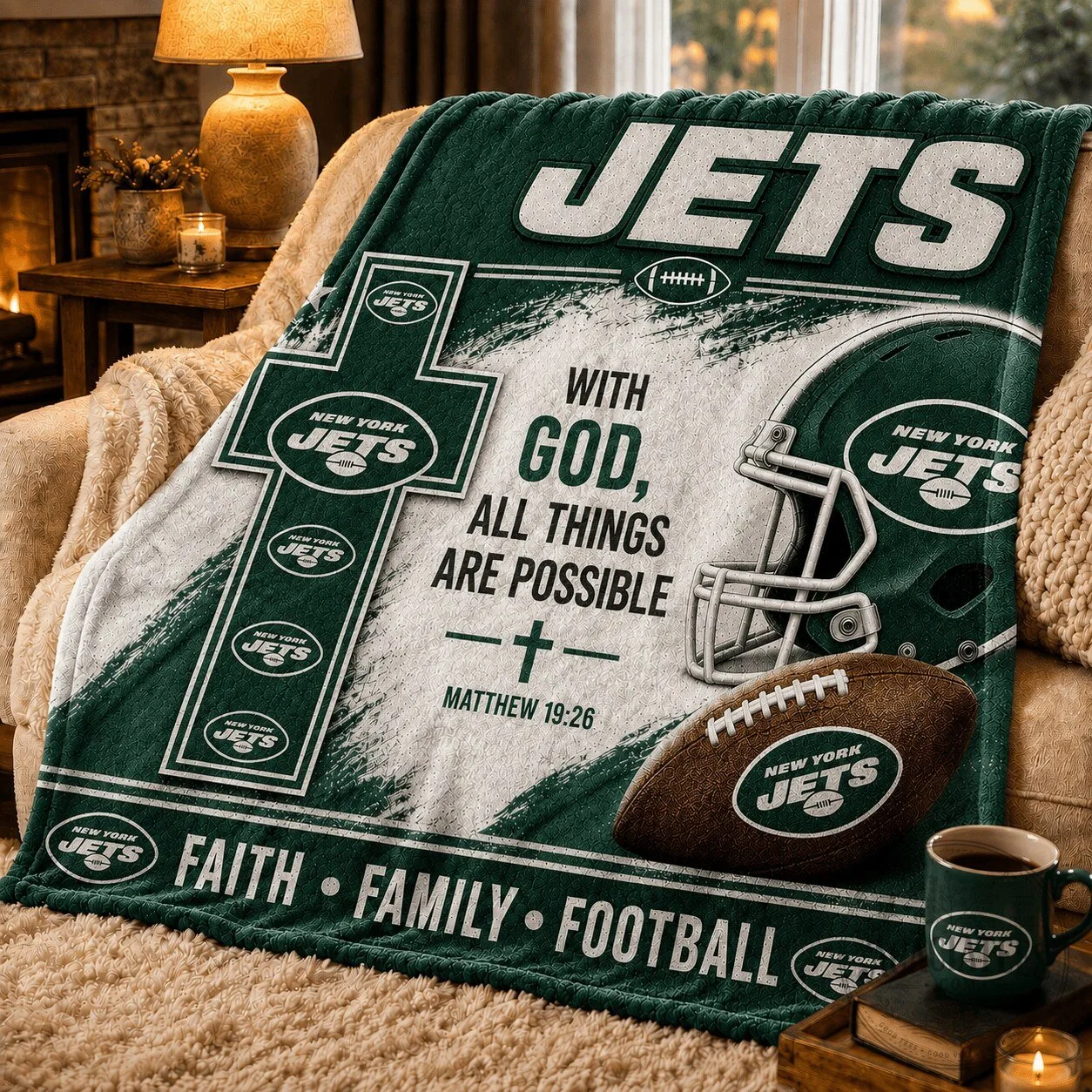 New York Jets Football Team Faith Family Football Blanket